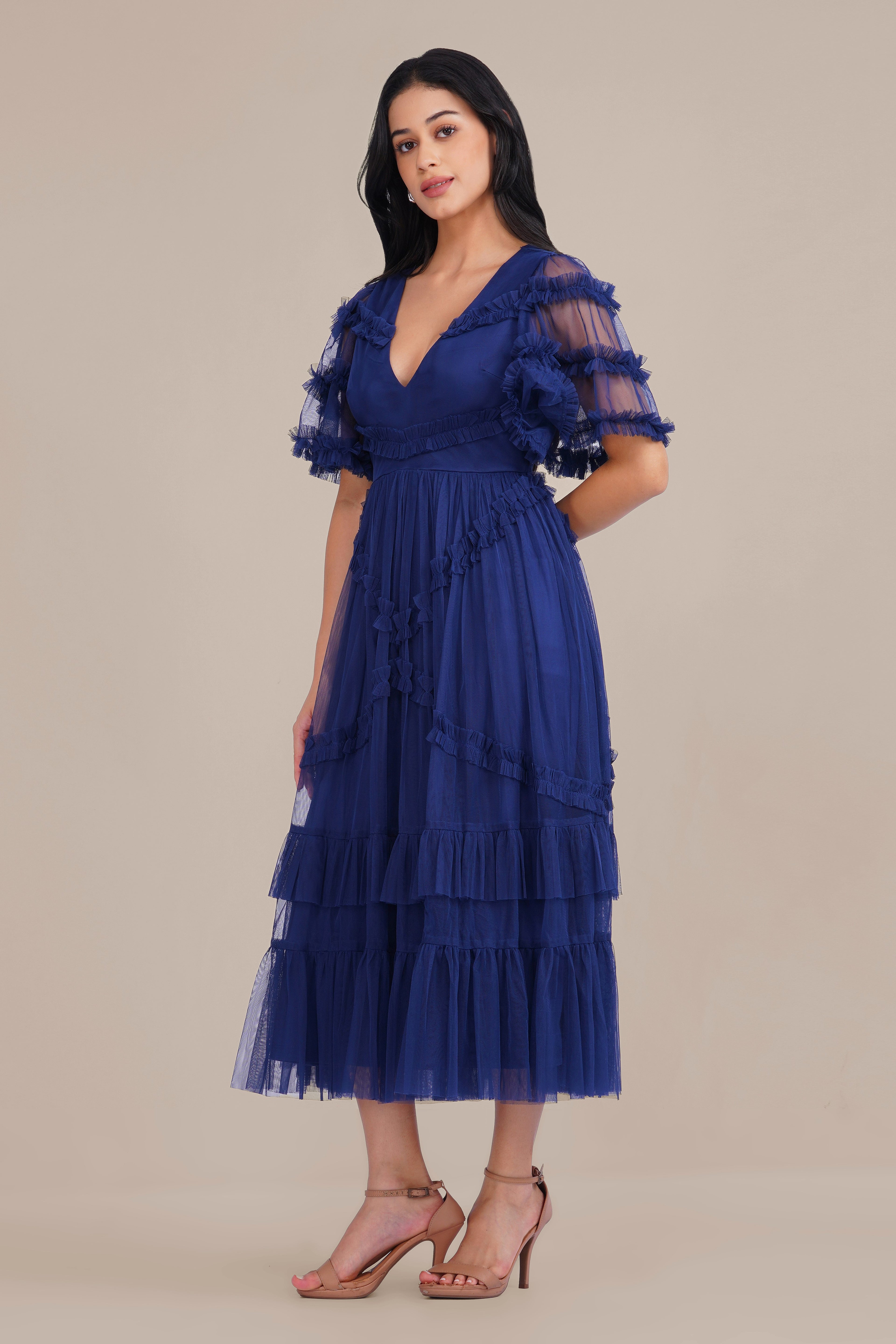 Florette Tulle Midi Dress in Navy Peony