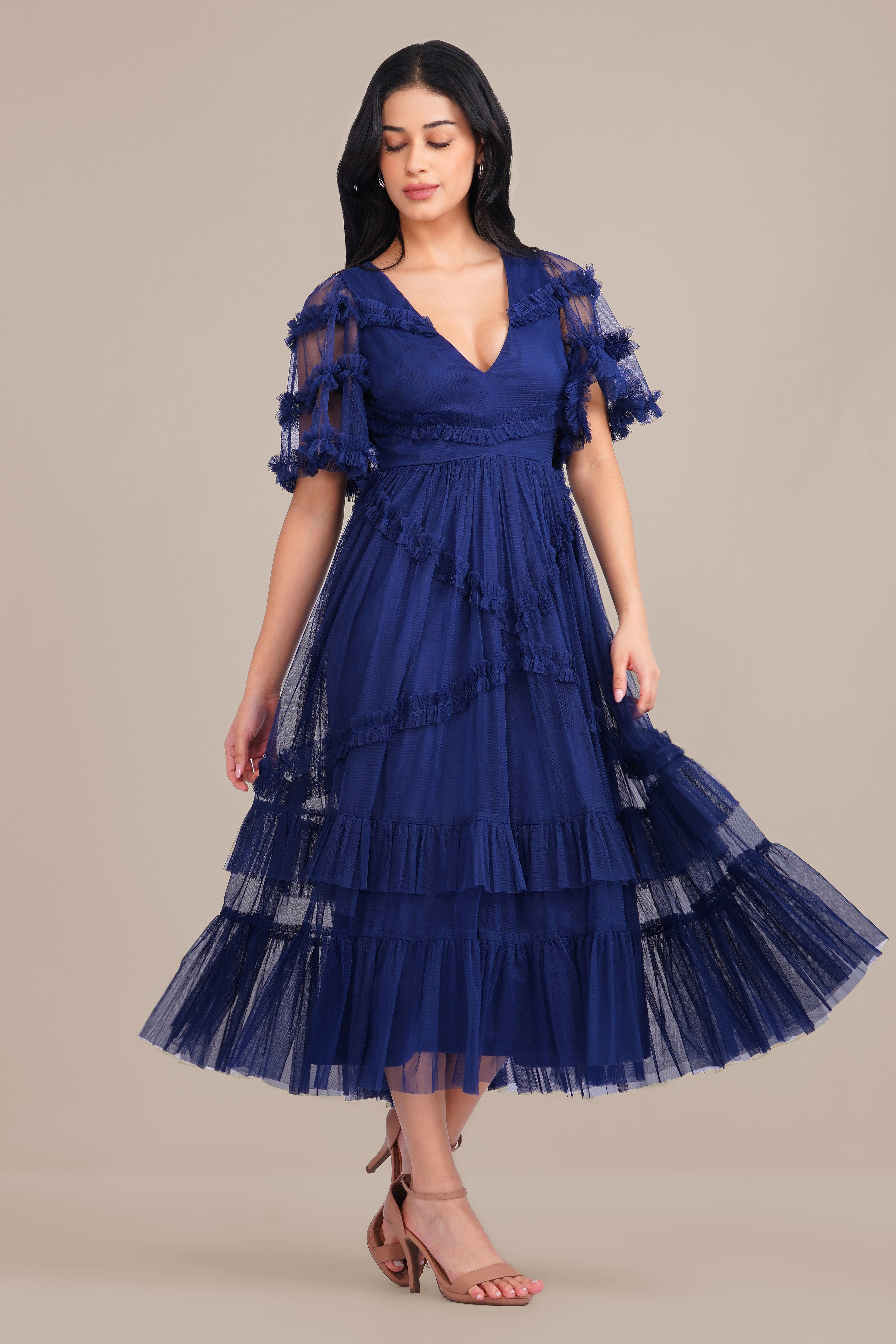 Florette Tulle Midi Dress in Navy Peony