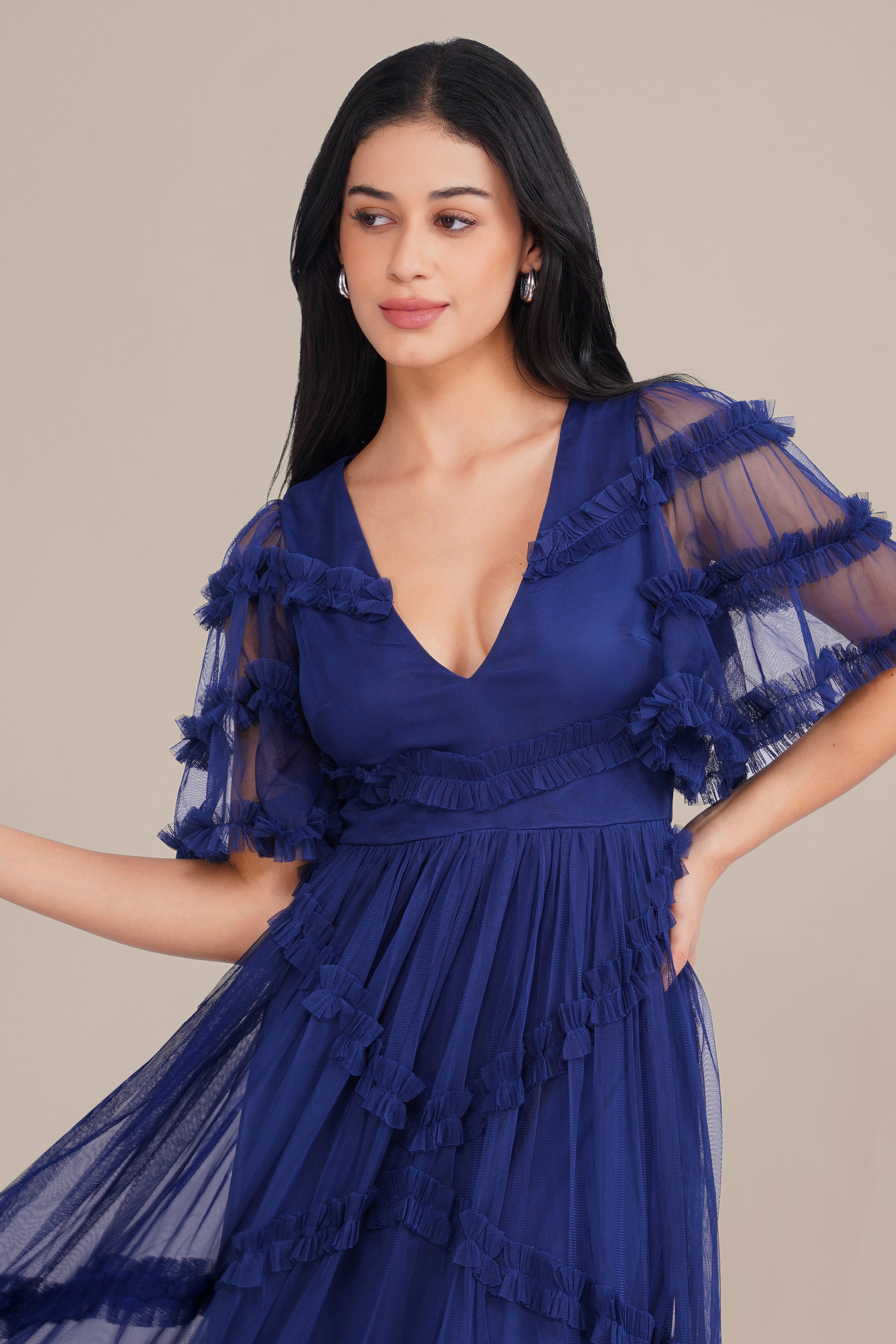 Florette Tulle Midi Dress in Navy Peony