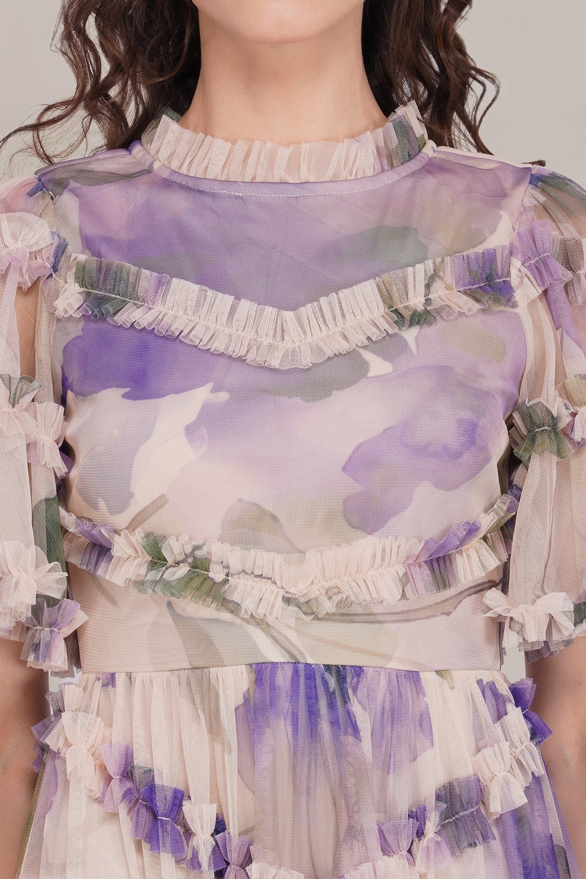 Florine Tulle Midi Dress in Violet Watercolour Print