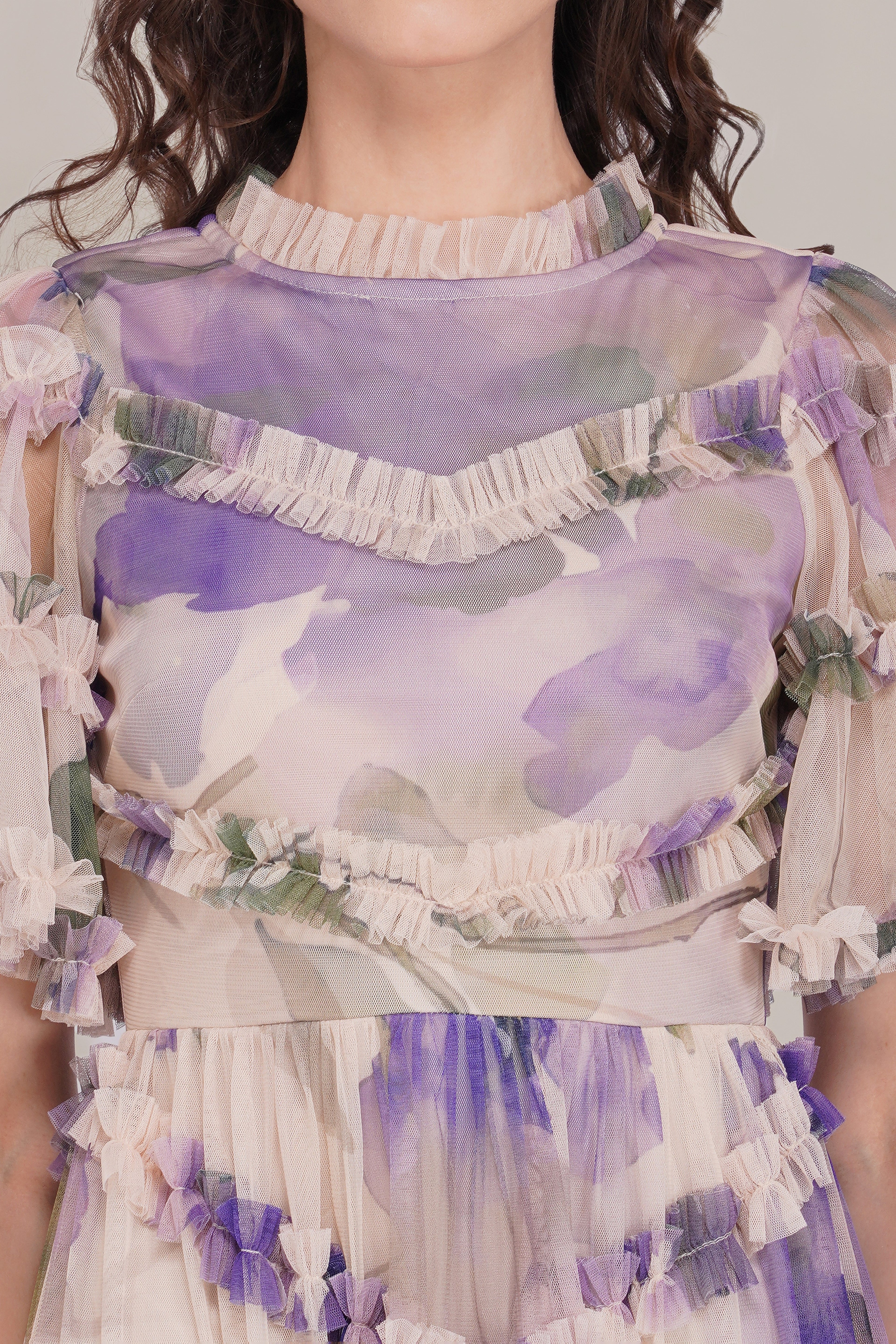 Florine Tulle Midi Dress in Violet Watercolour Print