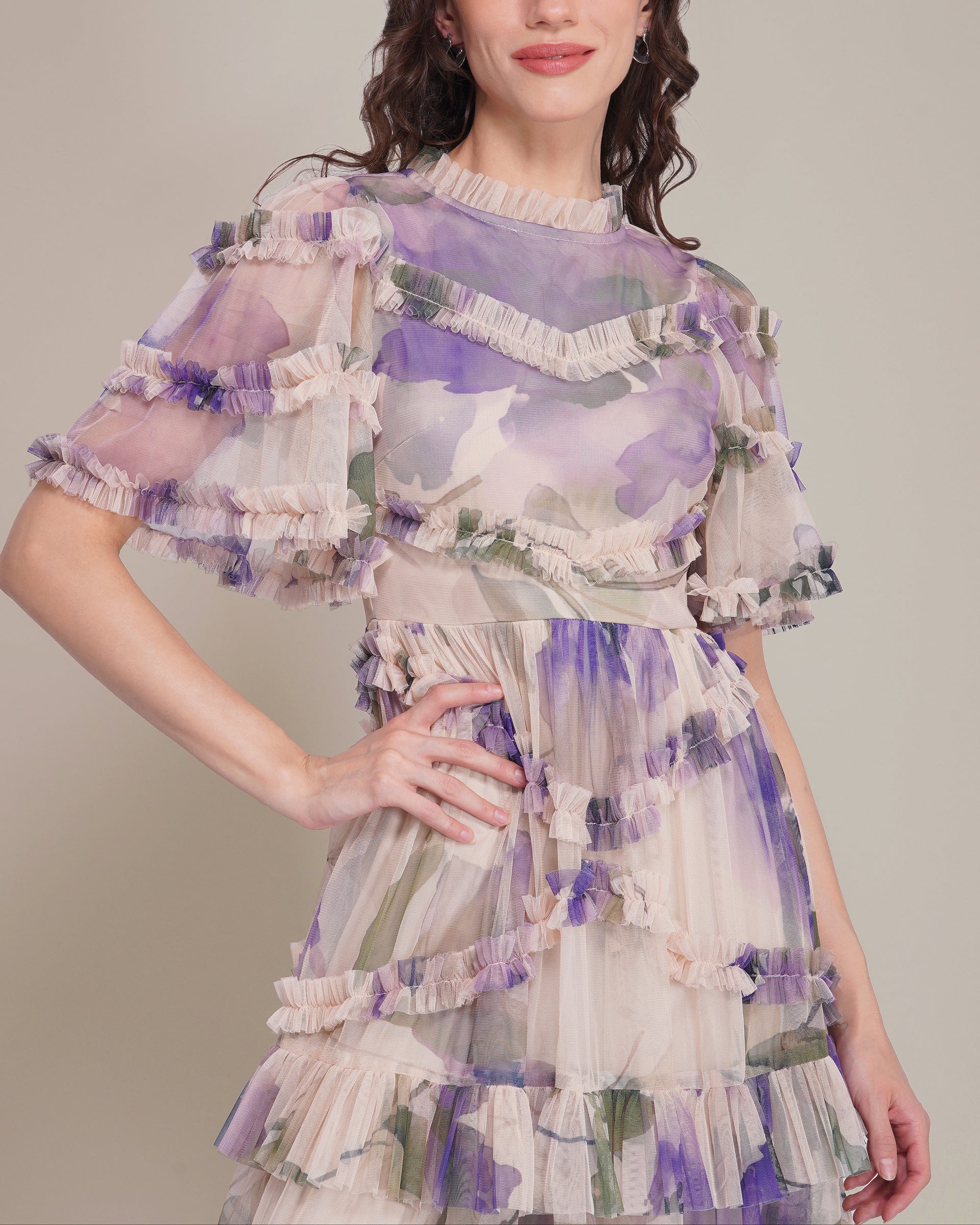 Florine Tulle Midi Dress in Violet Watercolour Print
