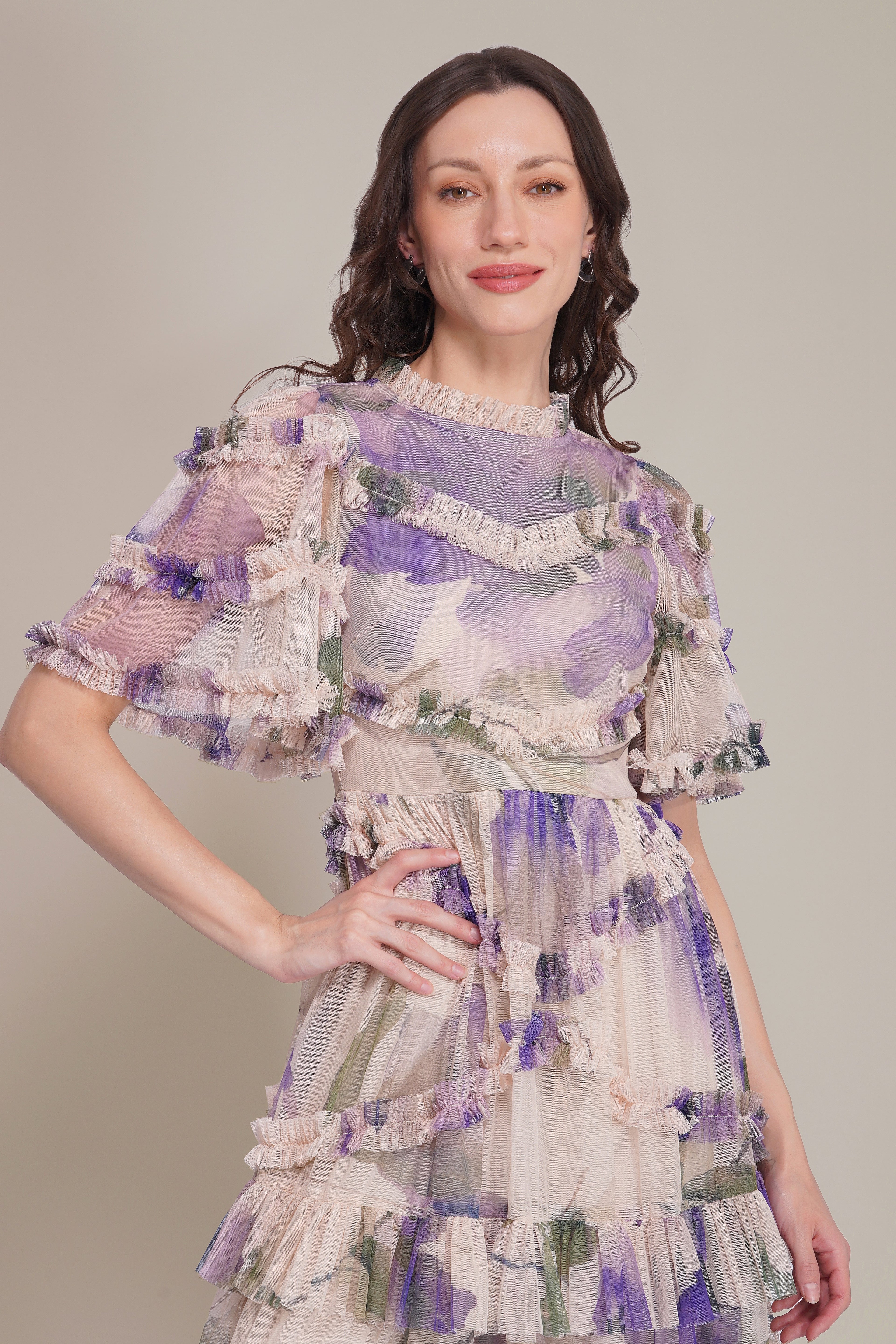 Florine Tulle Midi Dress in Violet Watercolour Print