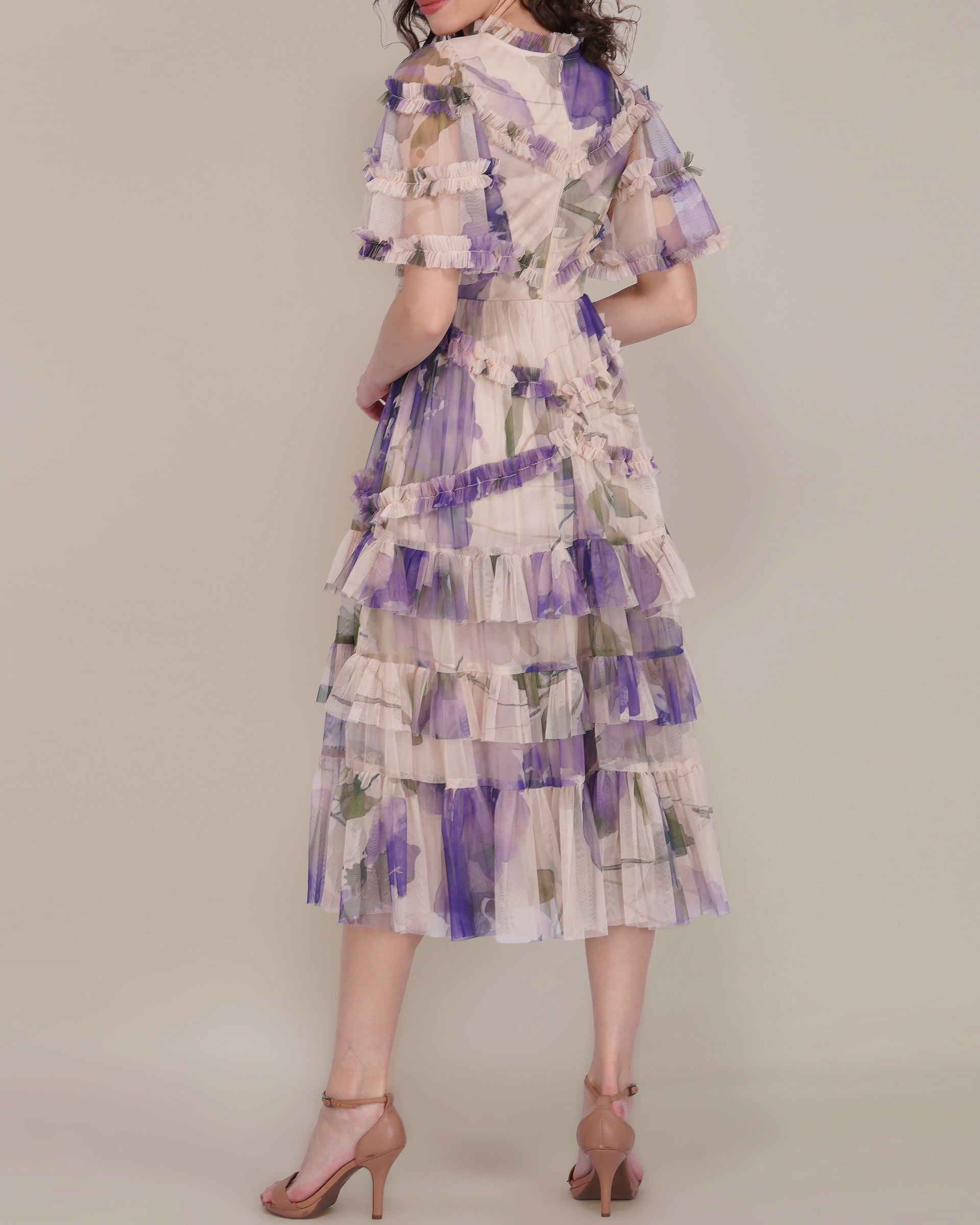 Florine Tulle Midi Dress in Violet Watercolour Print