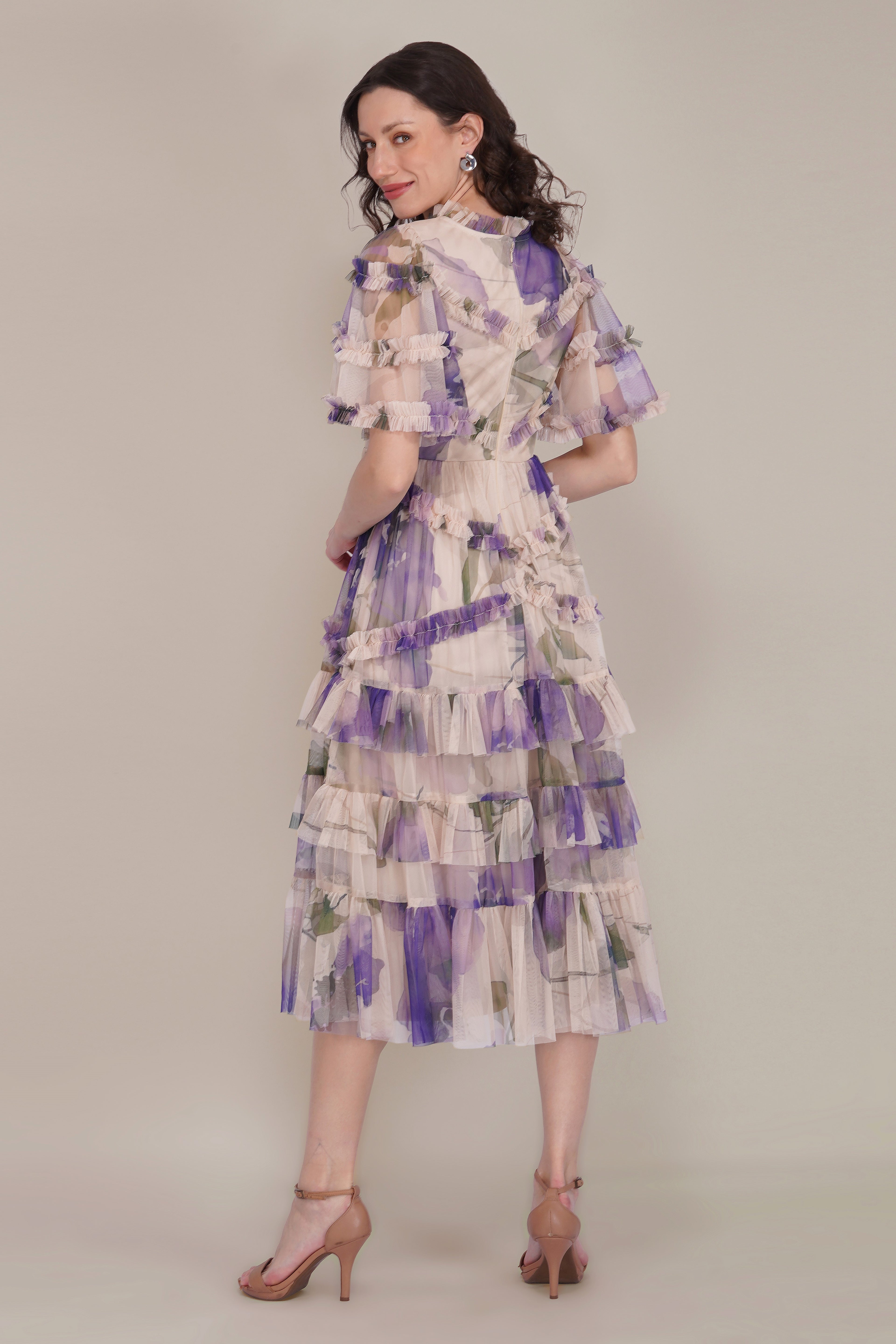 Florine Tulle Midi Dress in Violet Watercolour Print
