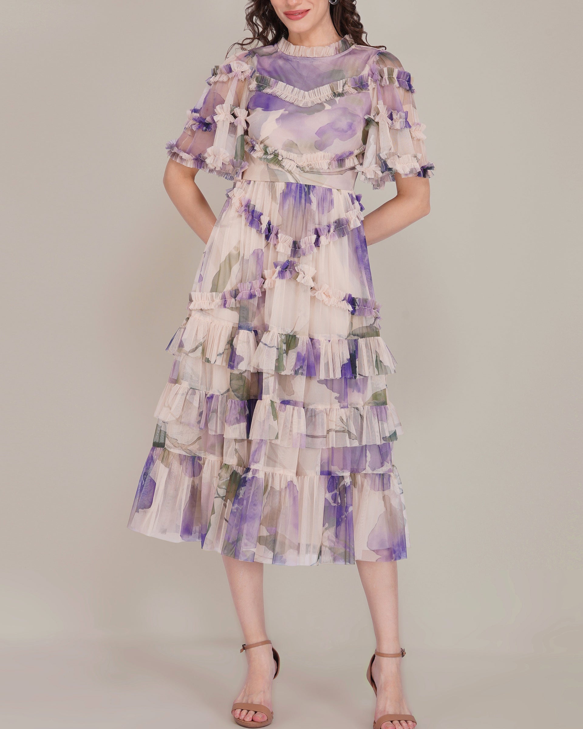 Florine Tulle Midi Dress in Violet Watercolour Print
