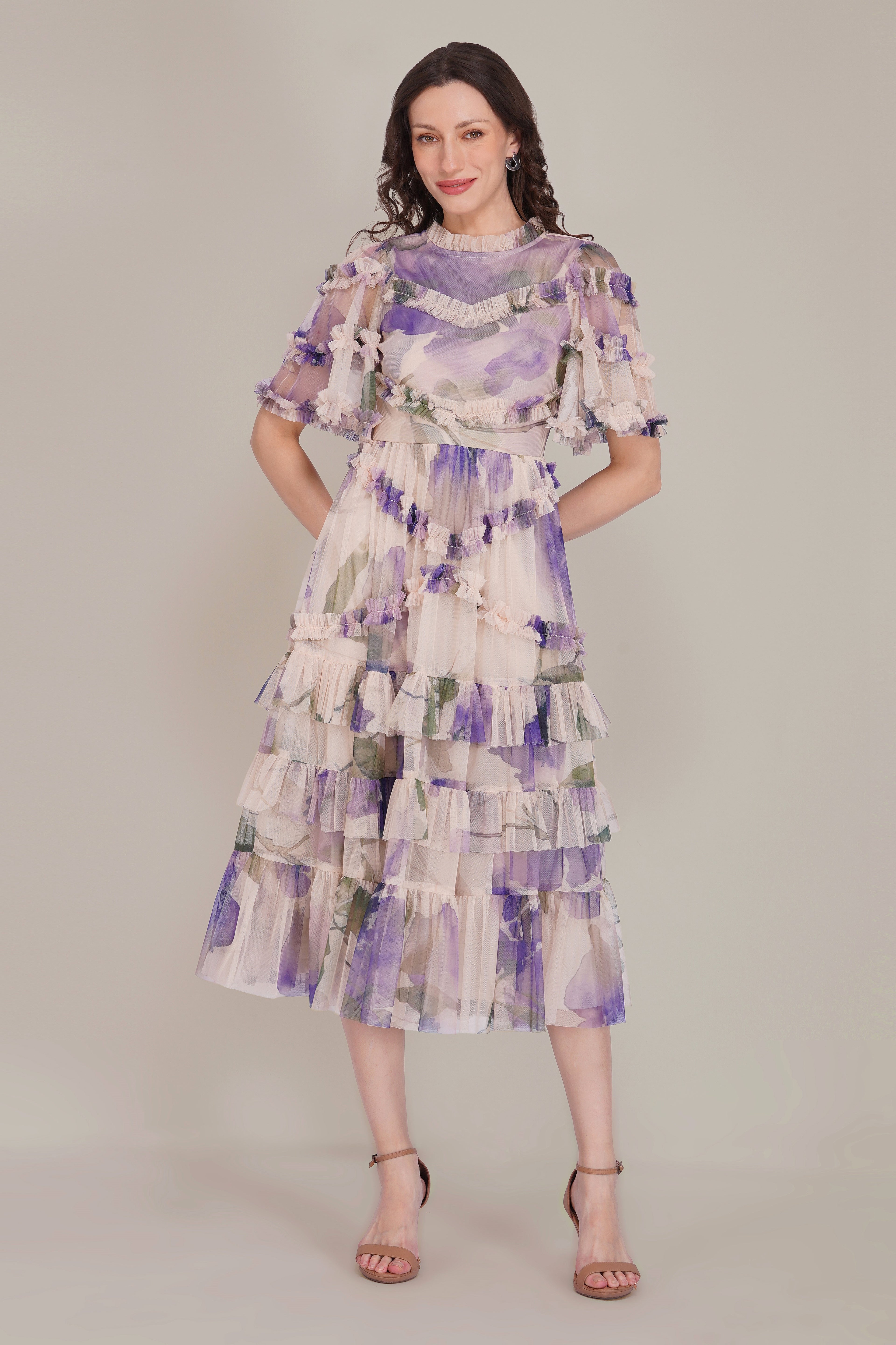 Florine Tulle Midi Dress in Violet Watercolour Print