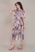 Florine Tulle Midi Dress in Violet Watercolour Print