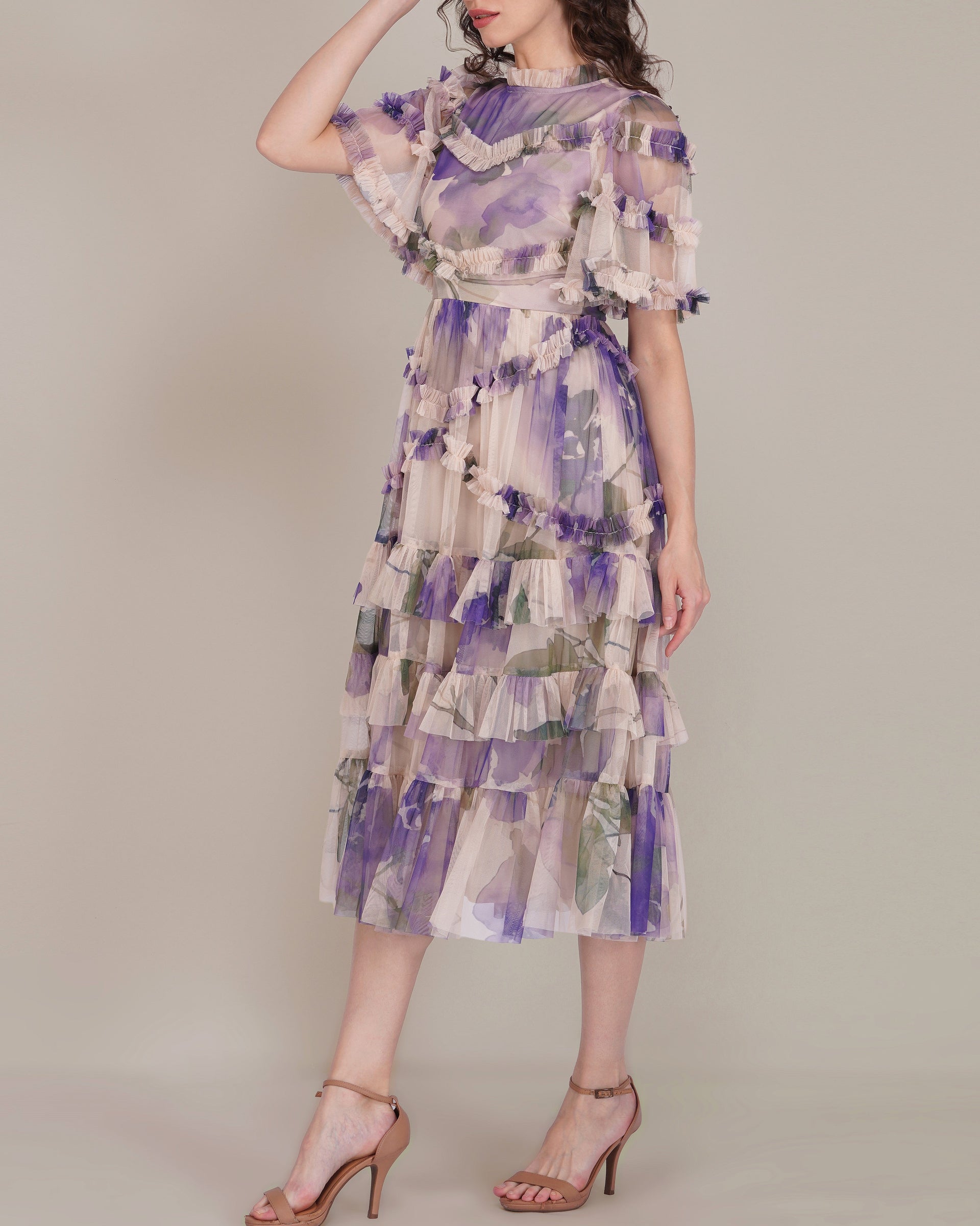 Florine Tulle Midi Dress in Violet Watercolour Print