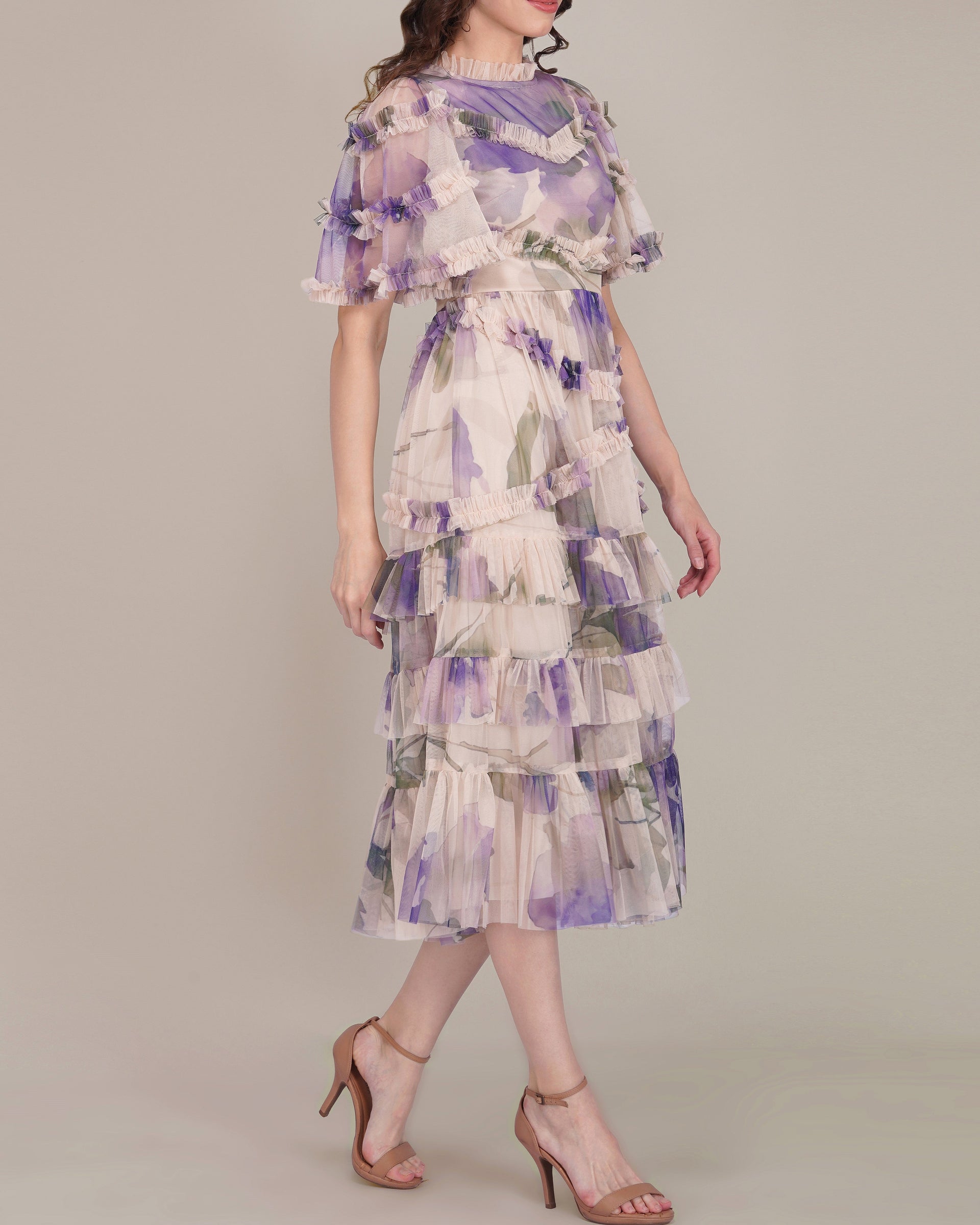Florine Tulle Midi Dress in Violet Watercolour Print