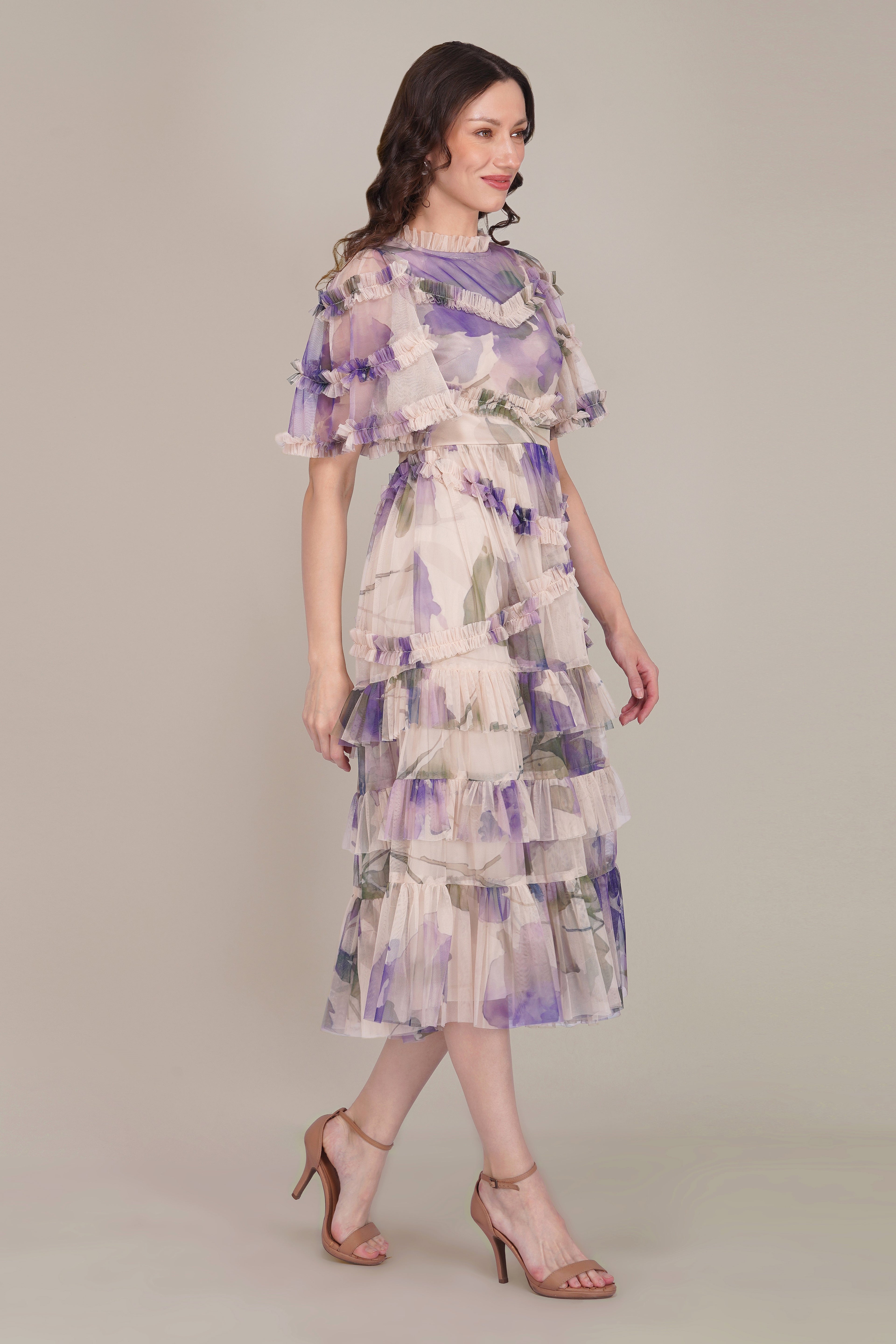 Florine Tulle Midi Dress in Violet Watercolour Print