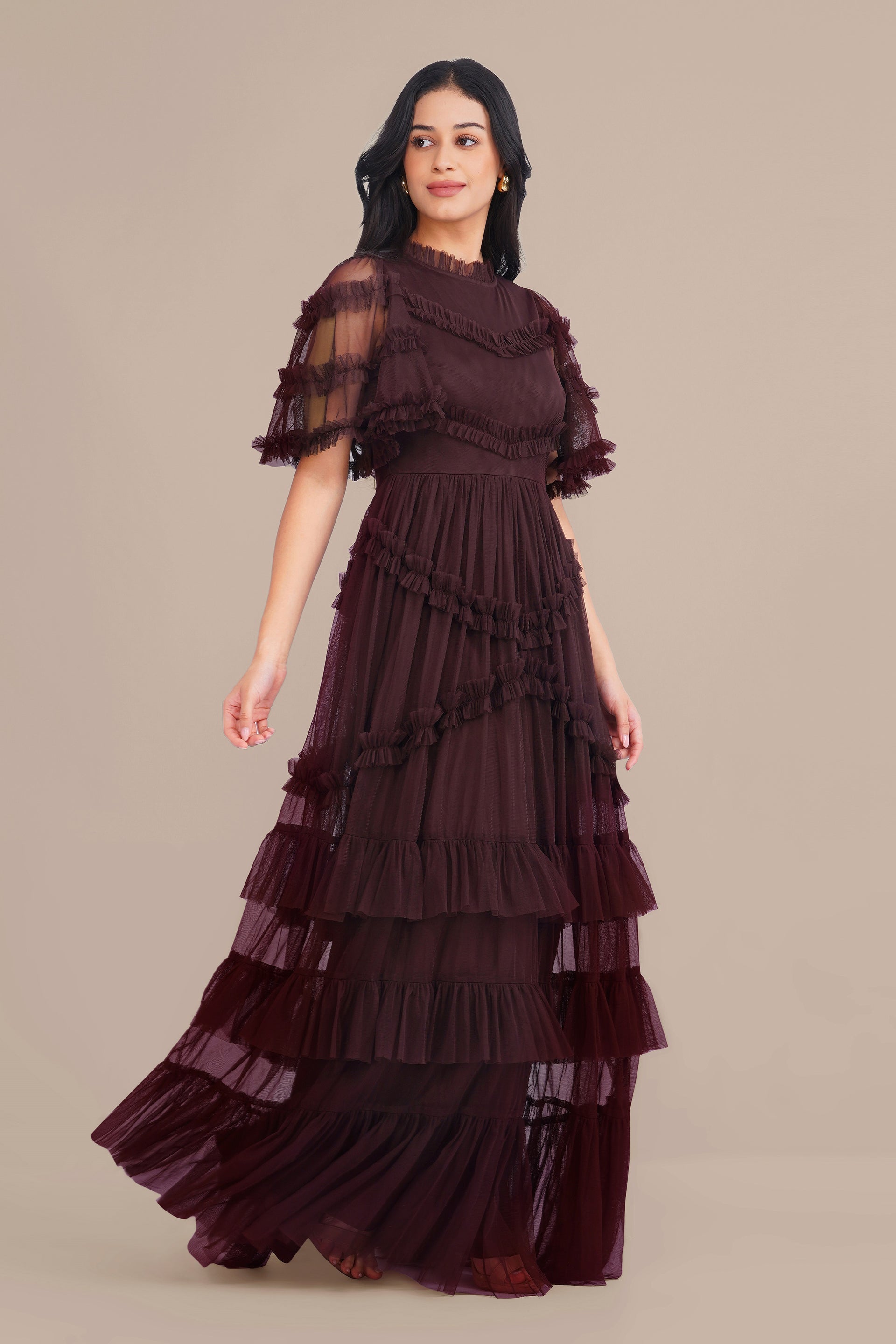 Chocolate Brown Plum Purple tulle mesh modest ruffle tiered maxi dress