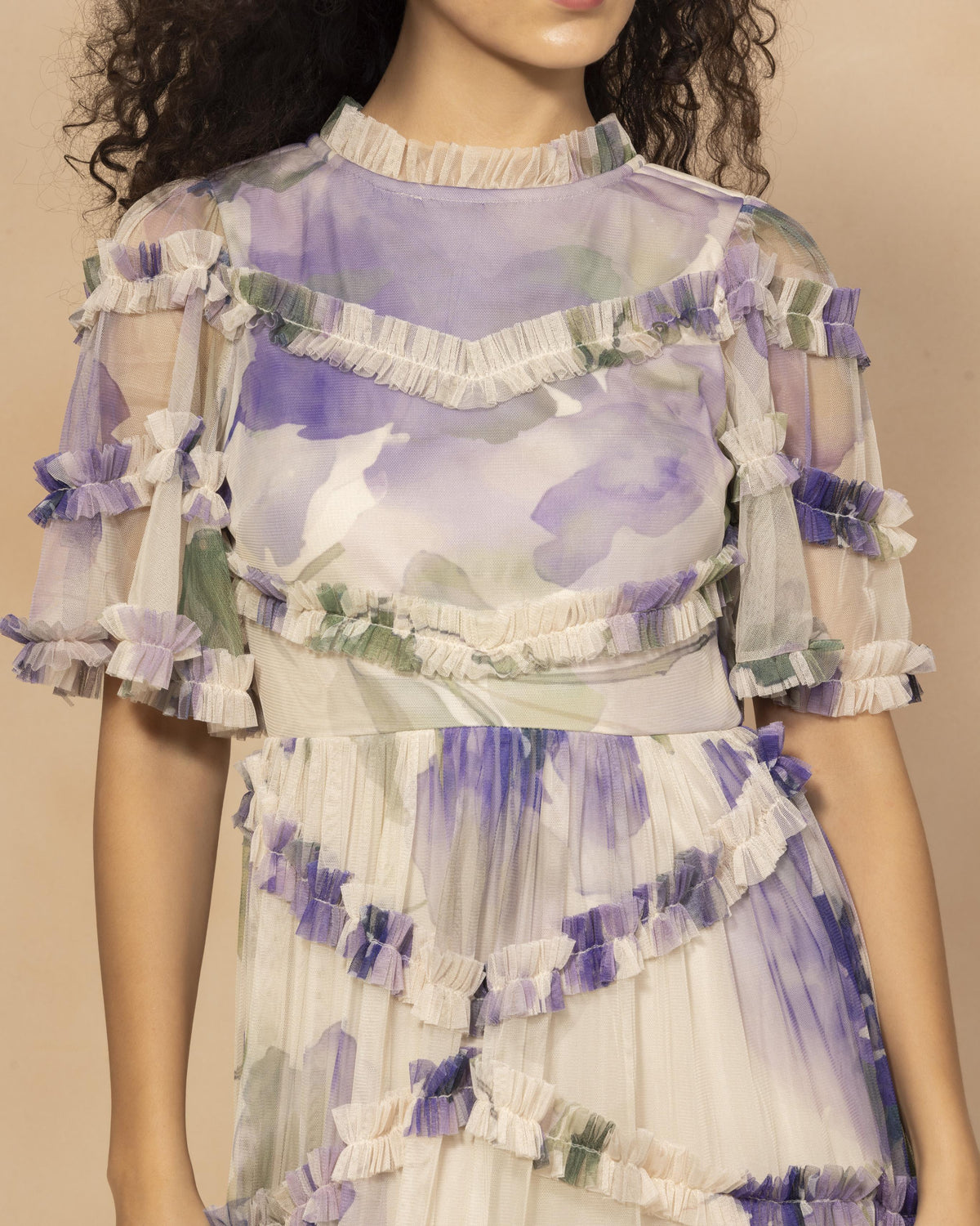 Florine Tulle Midi Dress in Violet Watercolour Print