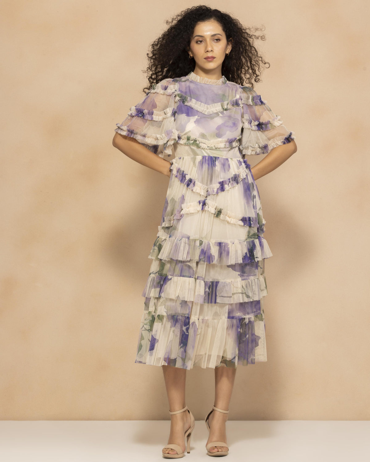 Florine Tulle Midi Dress in Violet Watercolour Print