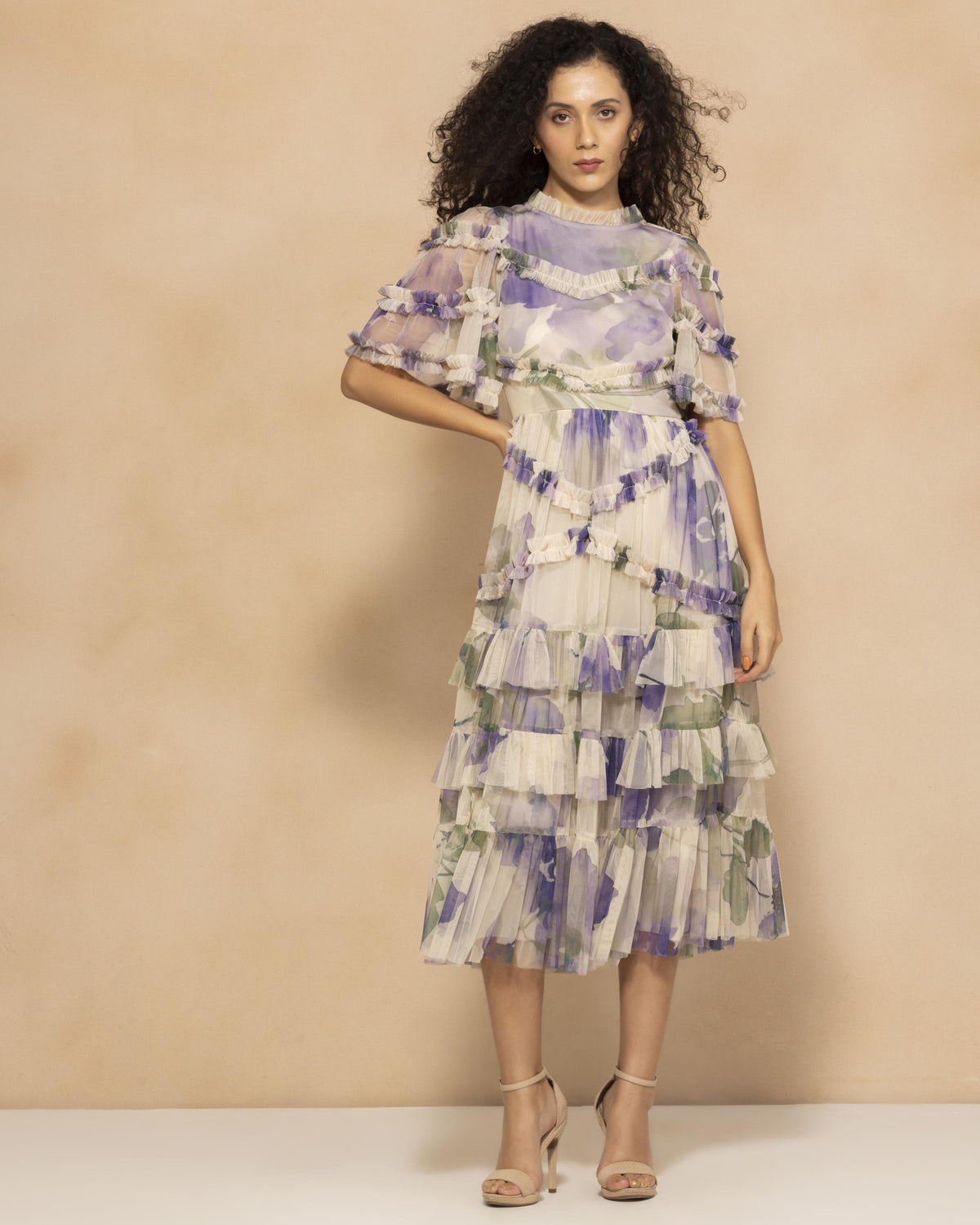 Florine Tulle Midi Dress in Violet Watercolour Print
