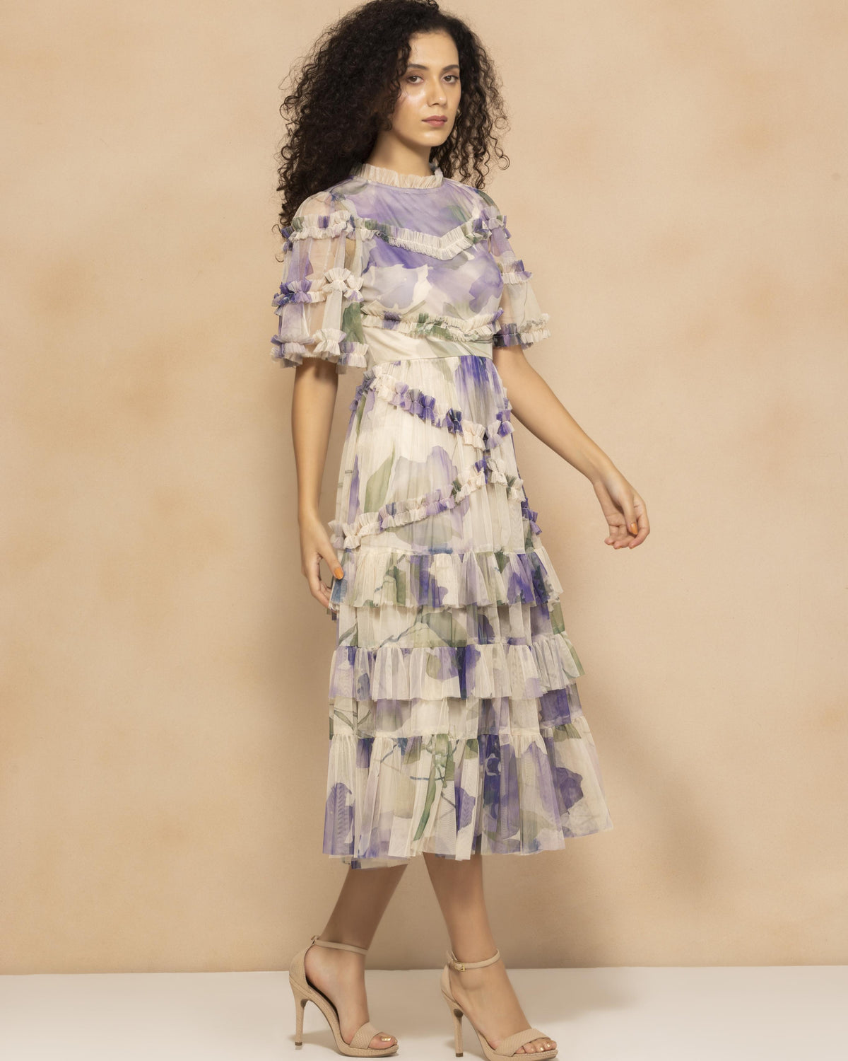 Florine Tulle Midi Dress in Violet Watercolour Print