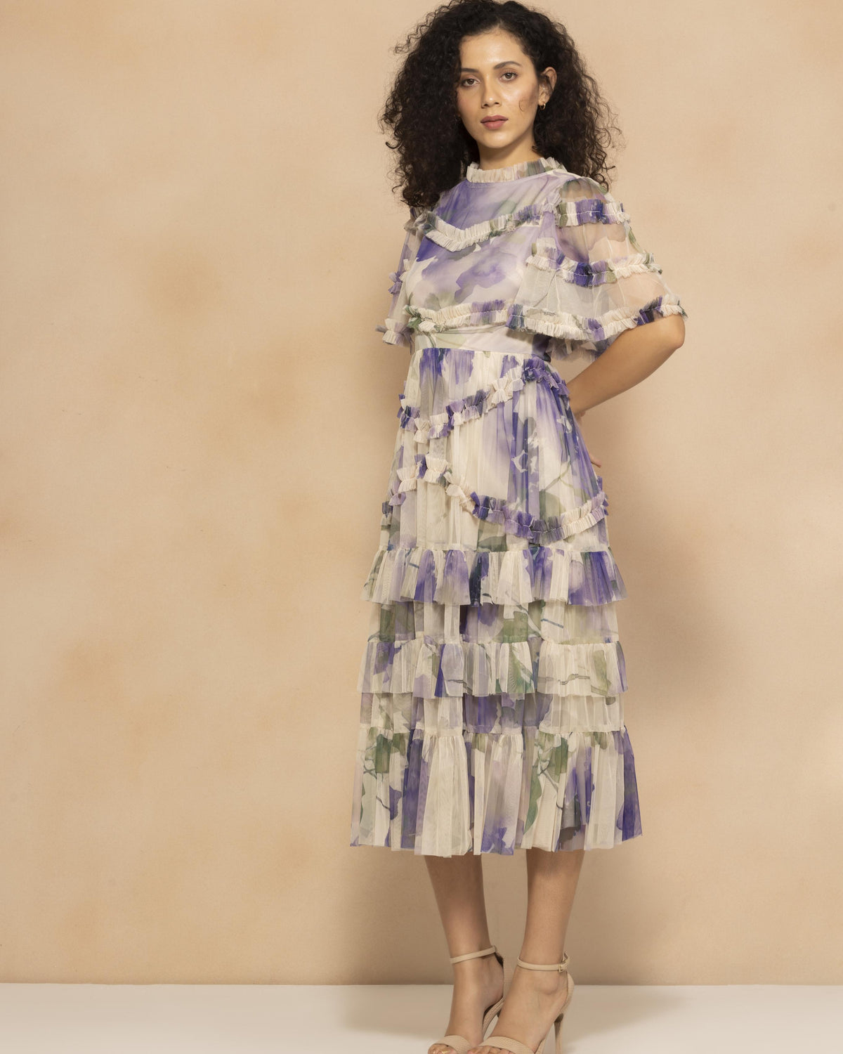 Florine Tulle Midi Dress in Violet Watercolour Print