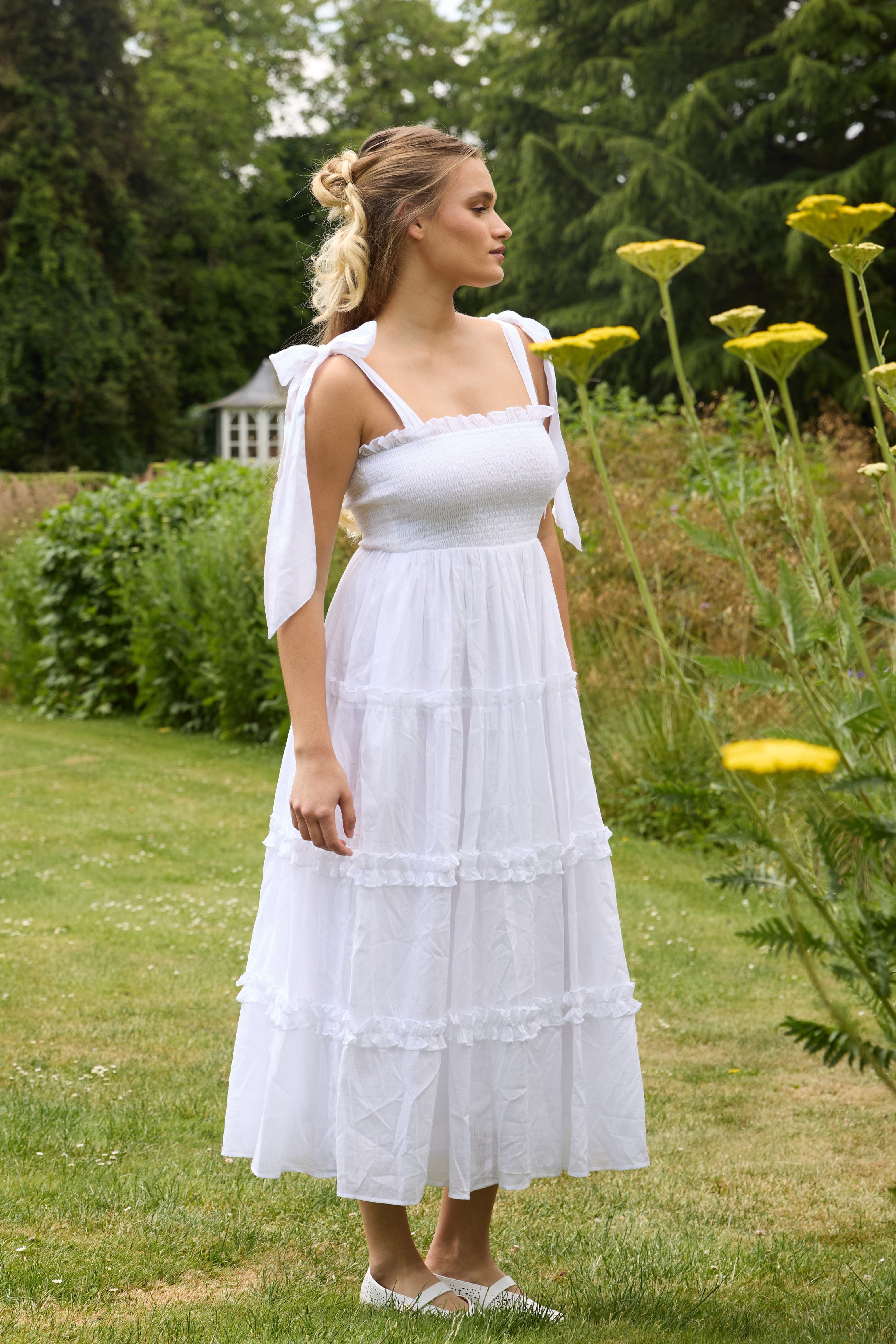 white cotton dress uk Cotton Blend Flared V Hem Dress White