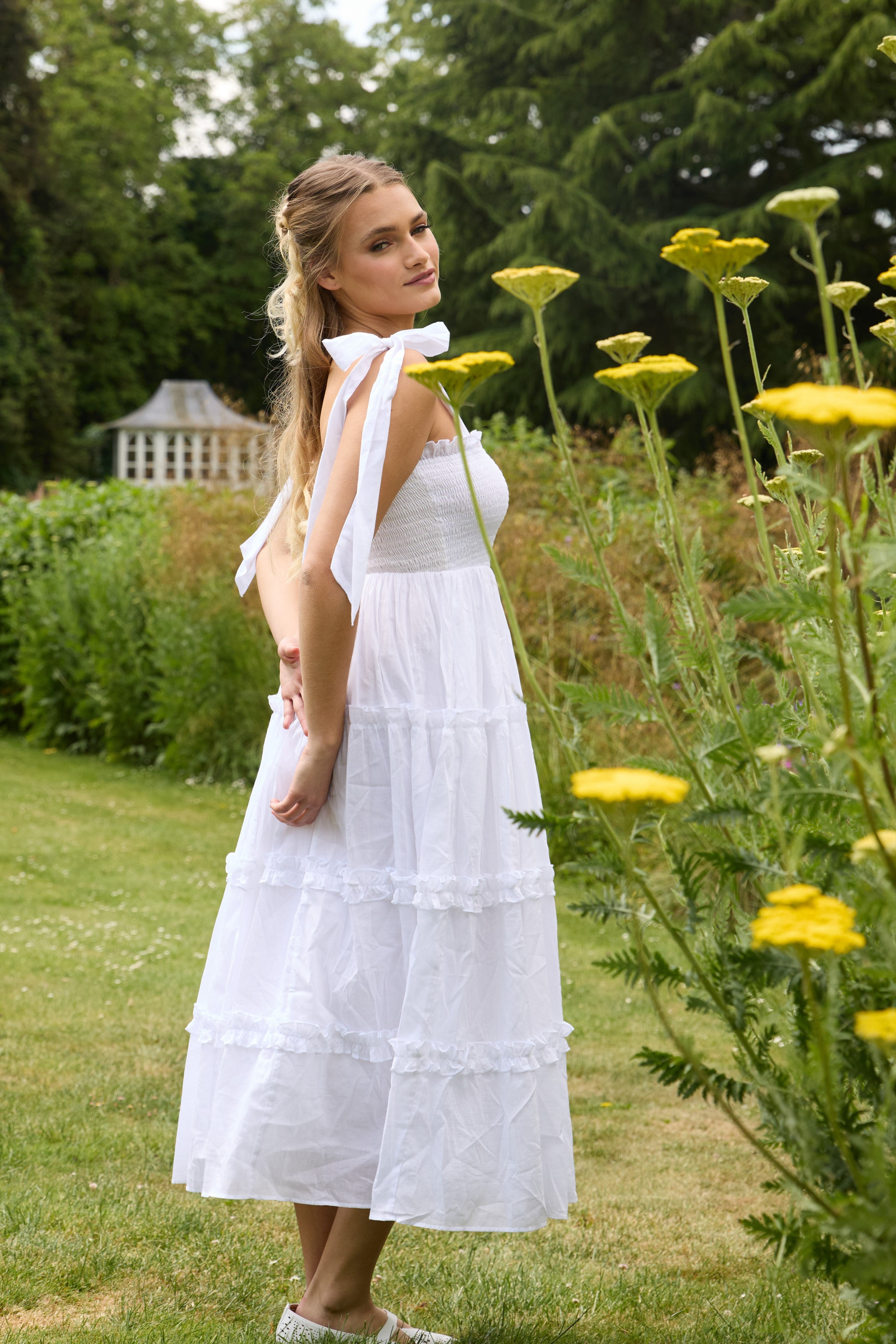 Louise Cotton Midi Dress in White UK12 / White