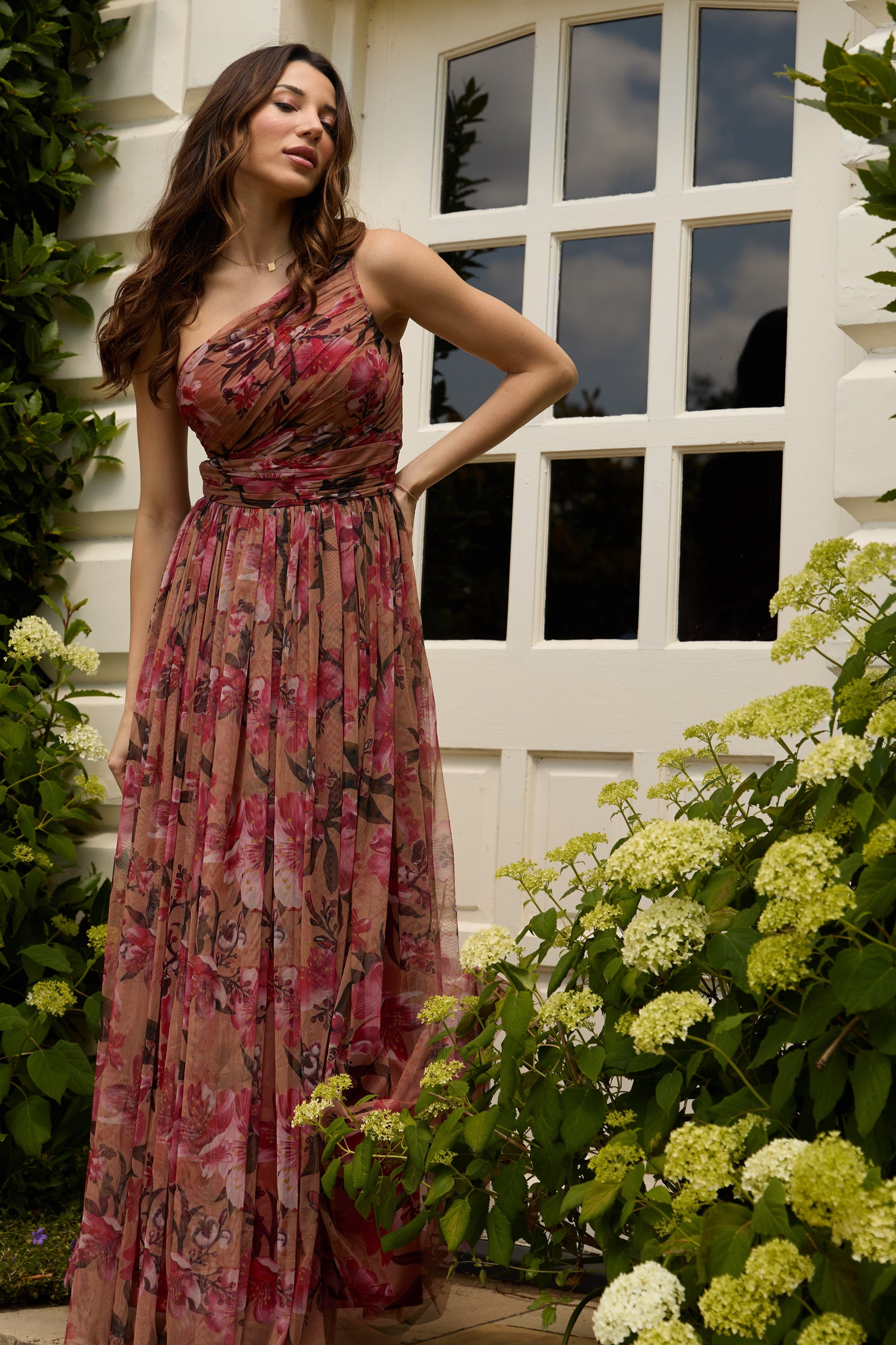 One Shoulder Tulle Maxi Dress in Red Rose Floral