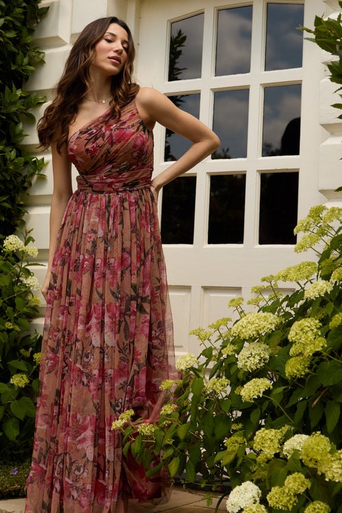 One Shoulder Tulle Maxi Dress in Red Rose Floral