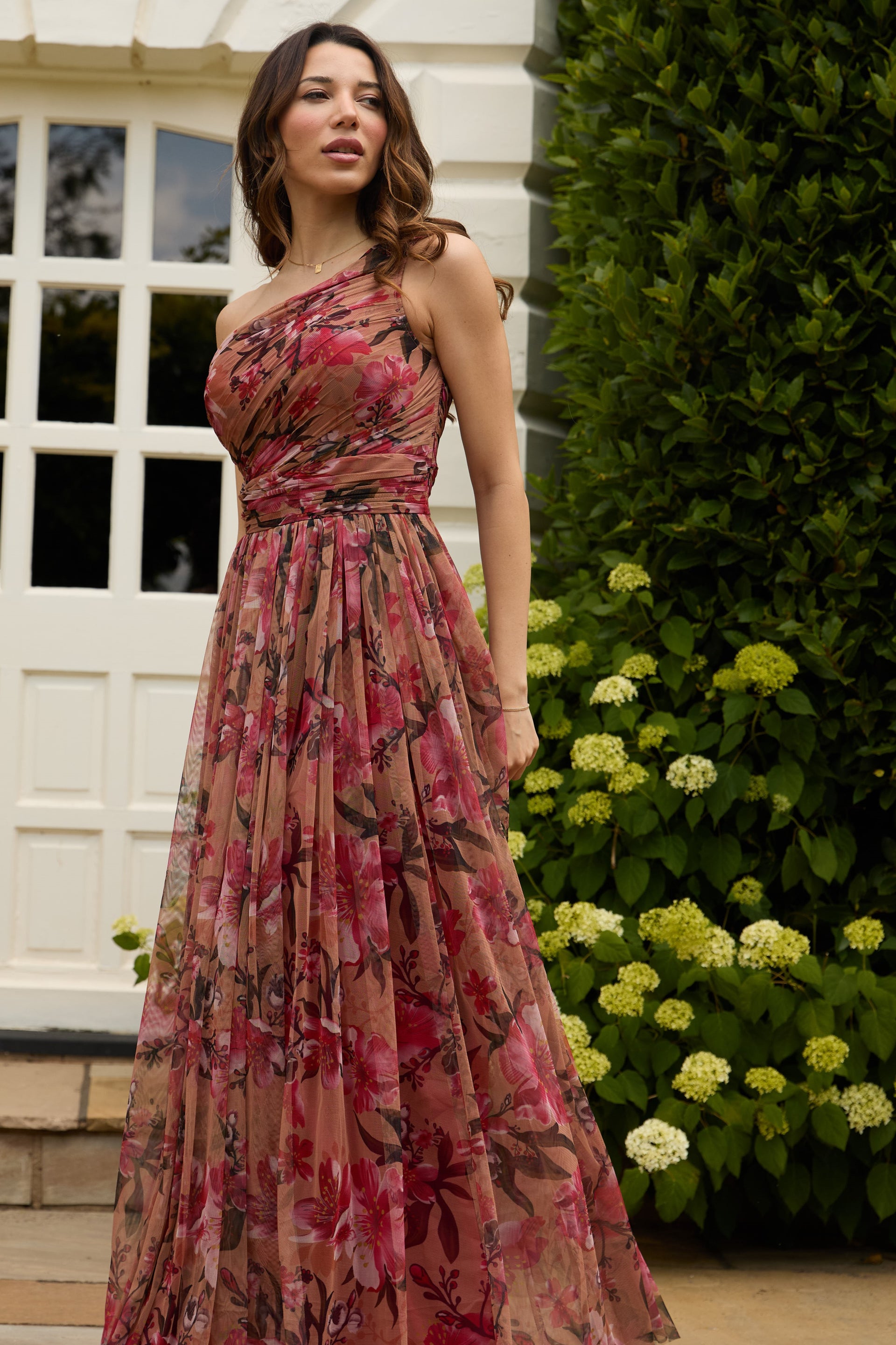 One Shoulder Maxi Tulle Mesh Floral Print Rose Brown Wedding Guest