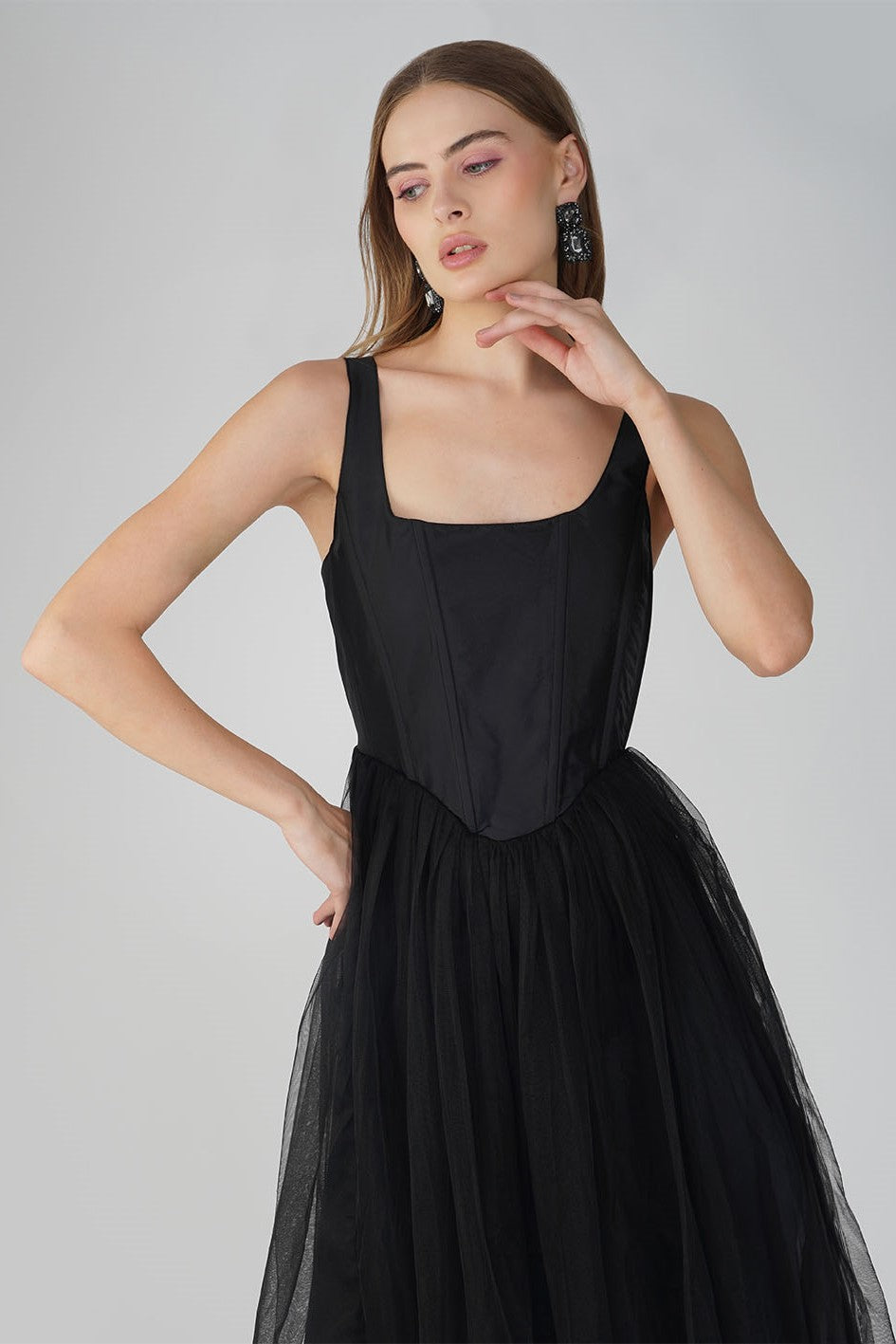 Gaela Tulle Midi Dress in Black