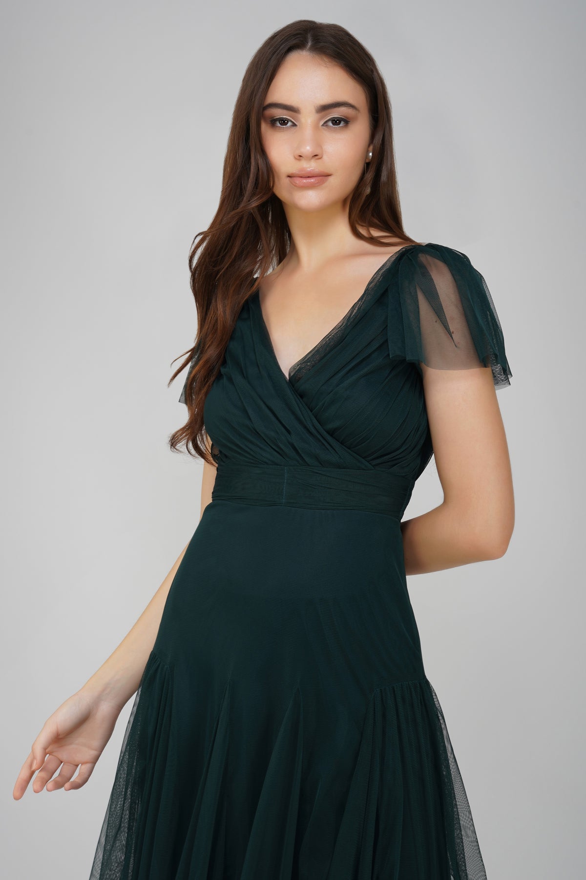 Gally Tulle Maxi Dress in Emerald Green