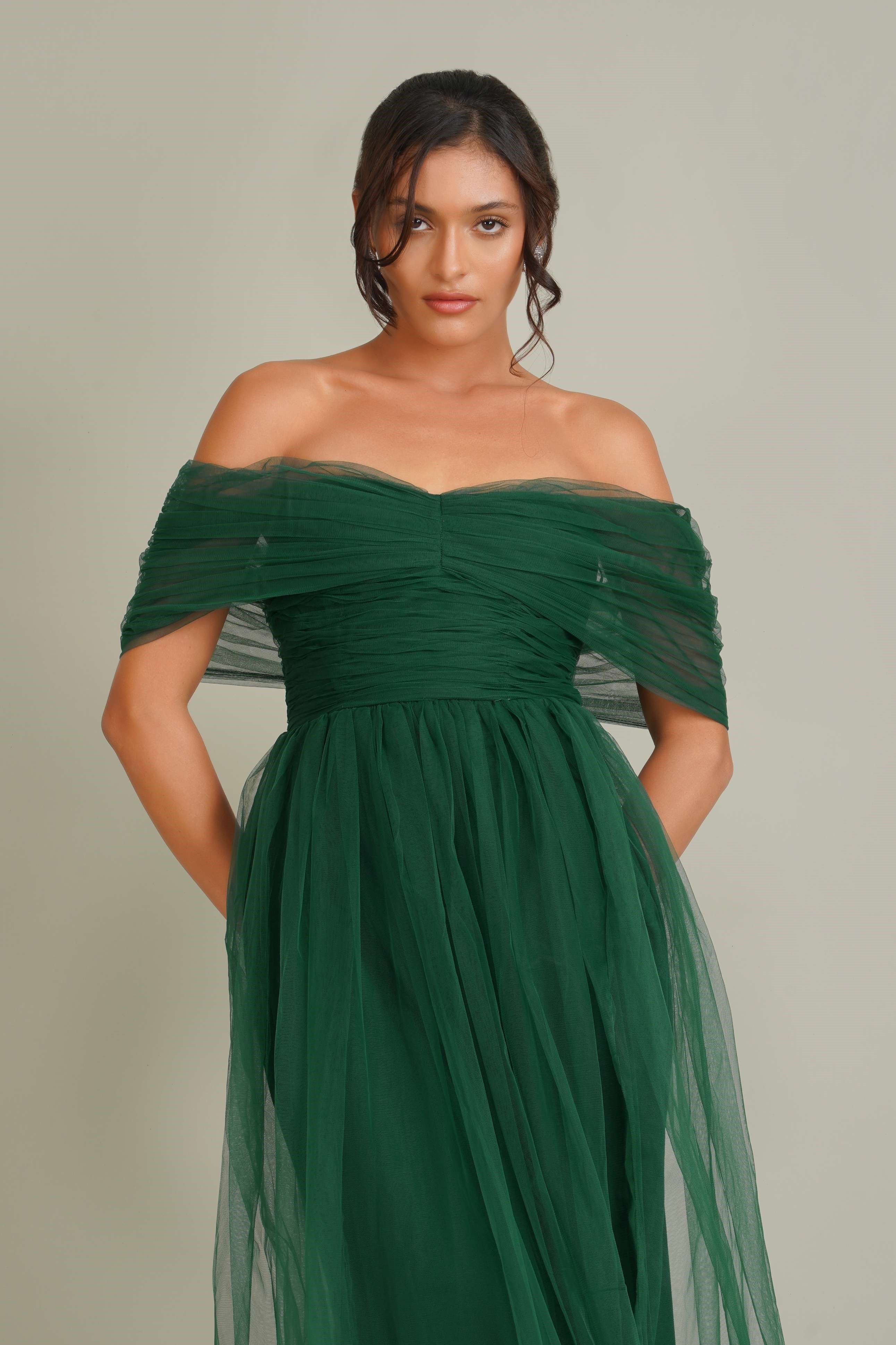 Off Shoulder Rulle Bow Maxi Bridesmaid Formal Wedding Guest Emerald Dark Green Dress