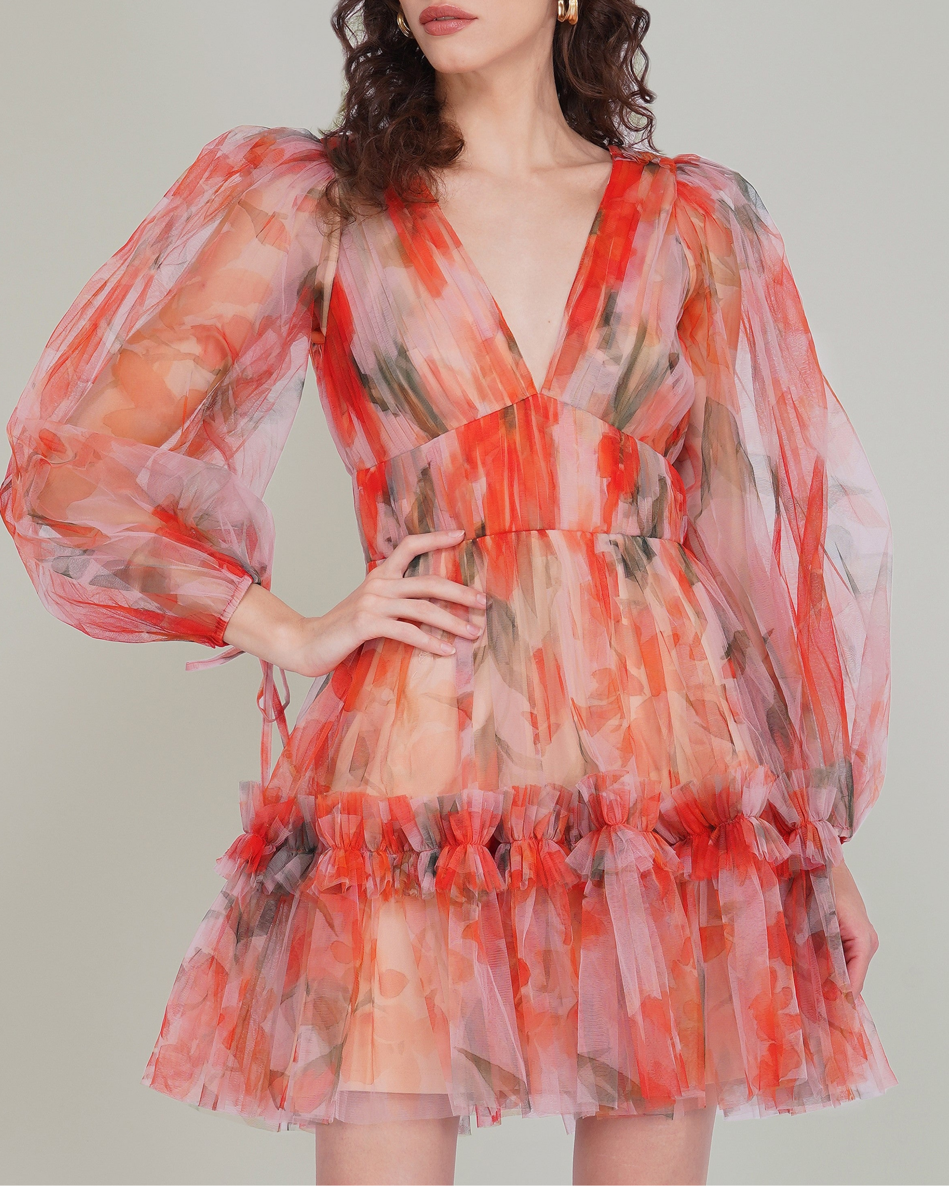 Gracelyn Tulle Mini Dress in Orange Poppy Print