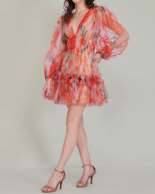 Gracelyn Tulle Mini Dress in Orange Poppy Print