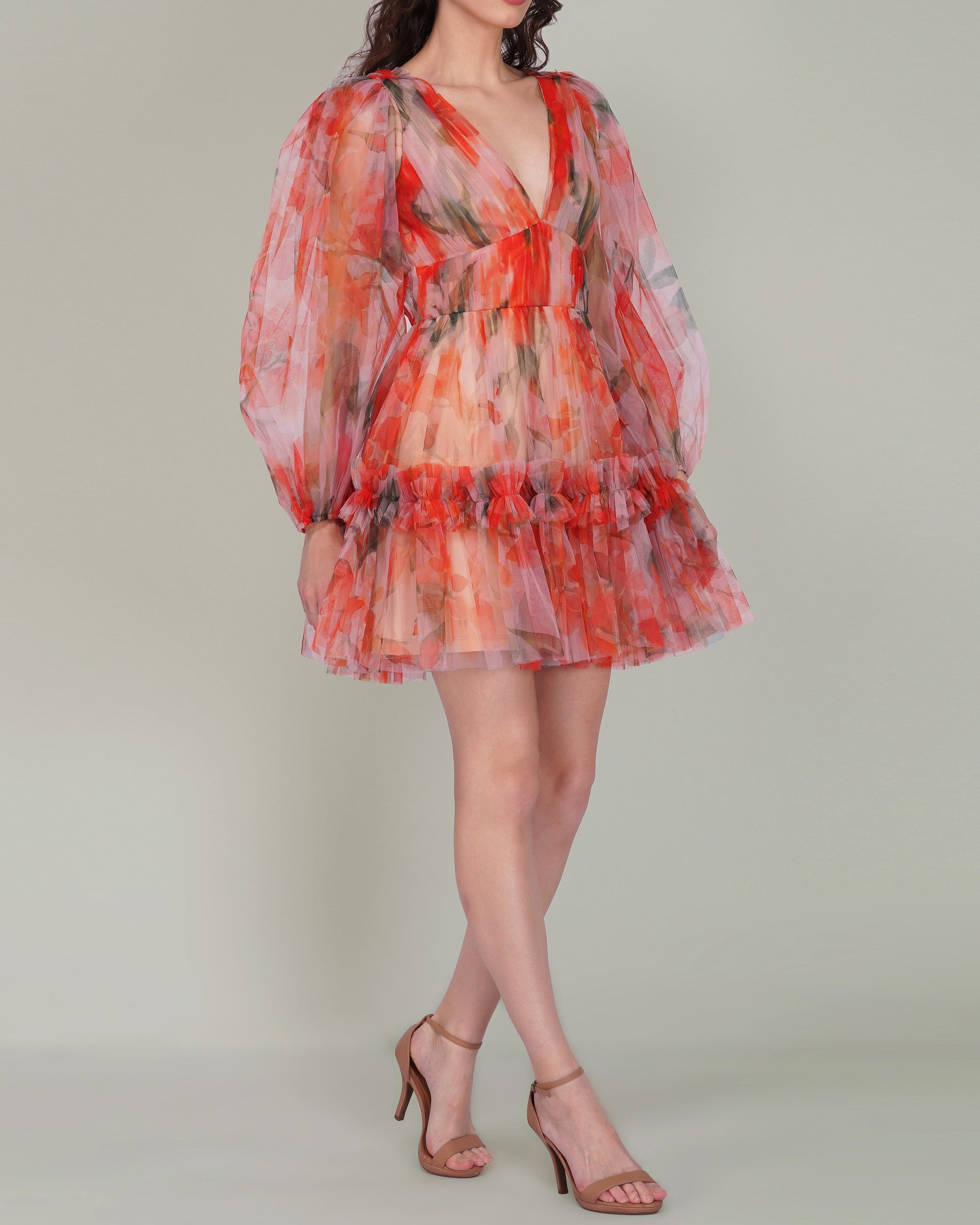 Gracelyn Tulle Mini Dress in Orange Poppy Print