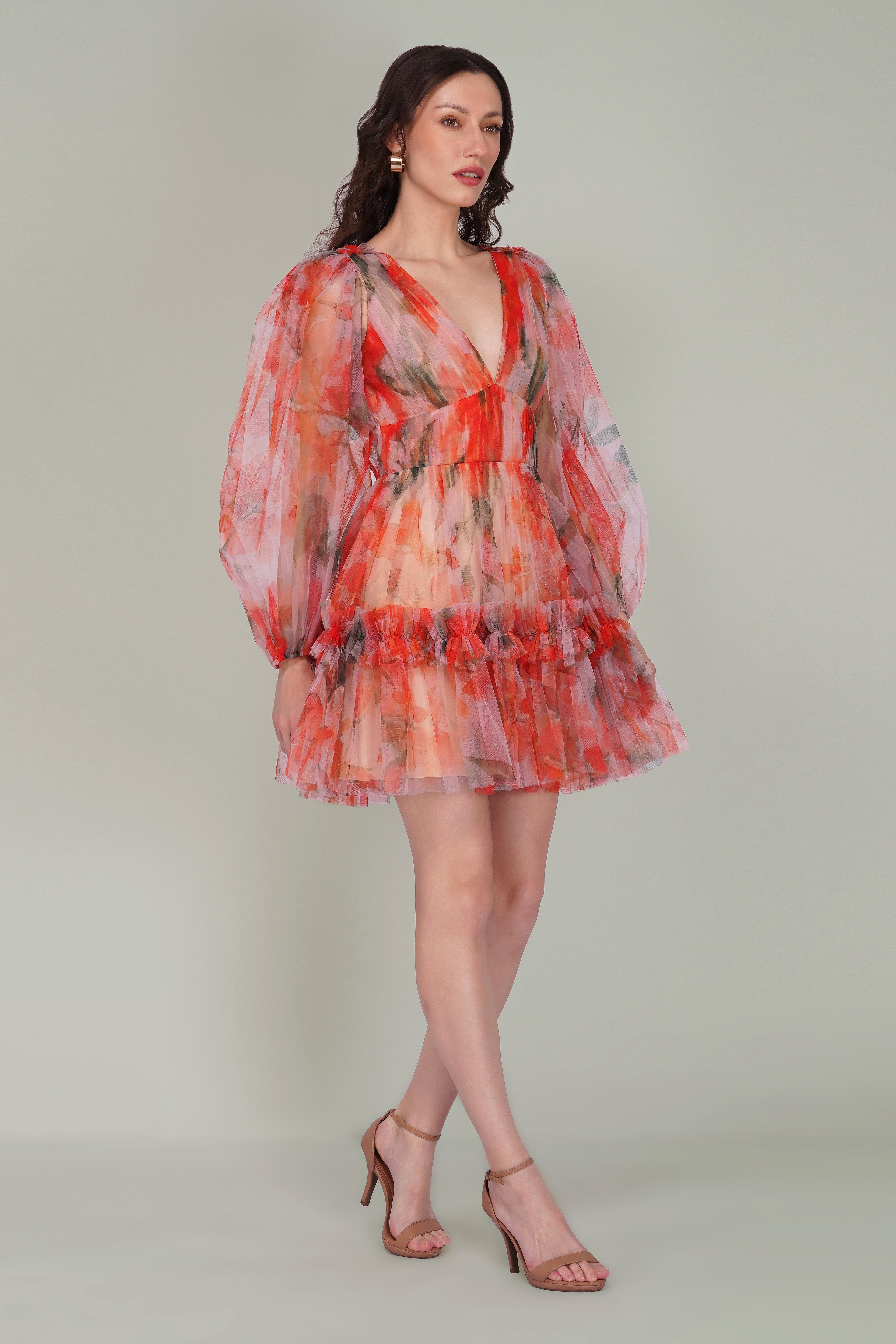 Gracelyn Tulle Mini Dress in Orange Poppy Print