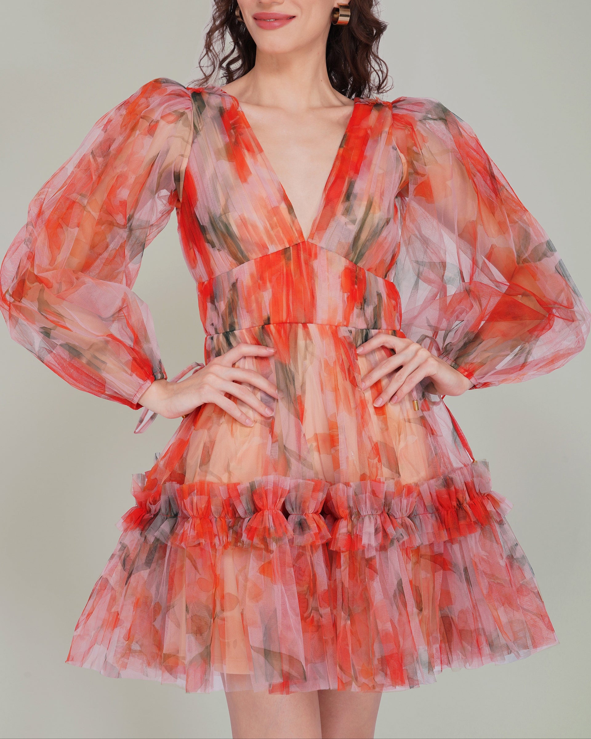 Gracelyn Tulle Mini Dress in Orange Poppy Print