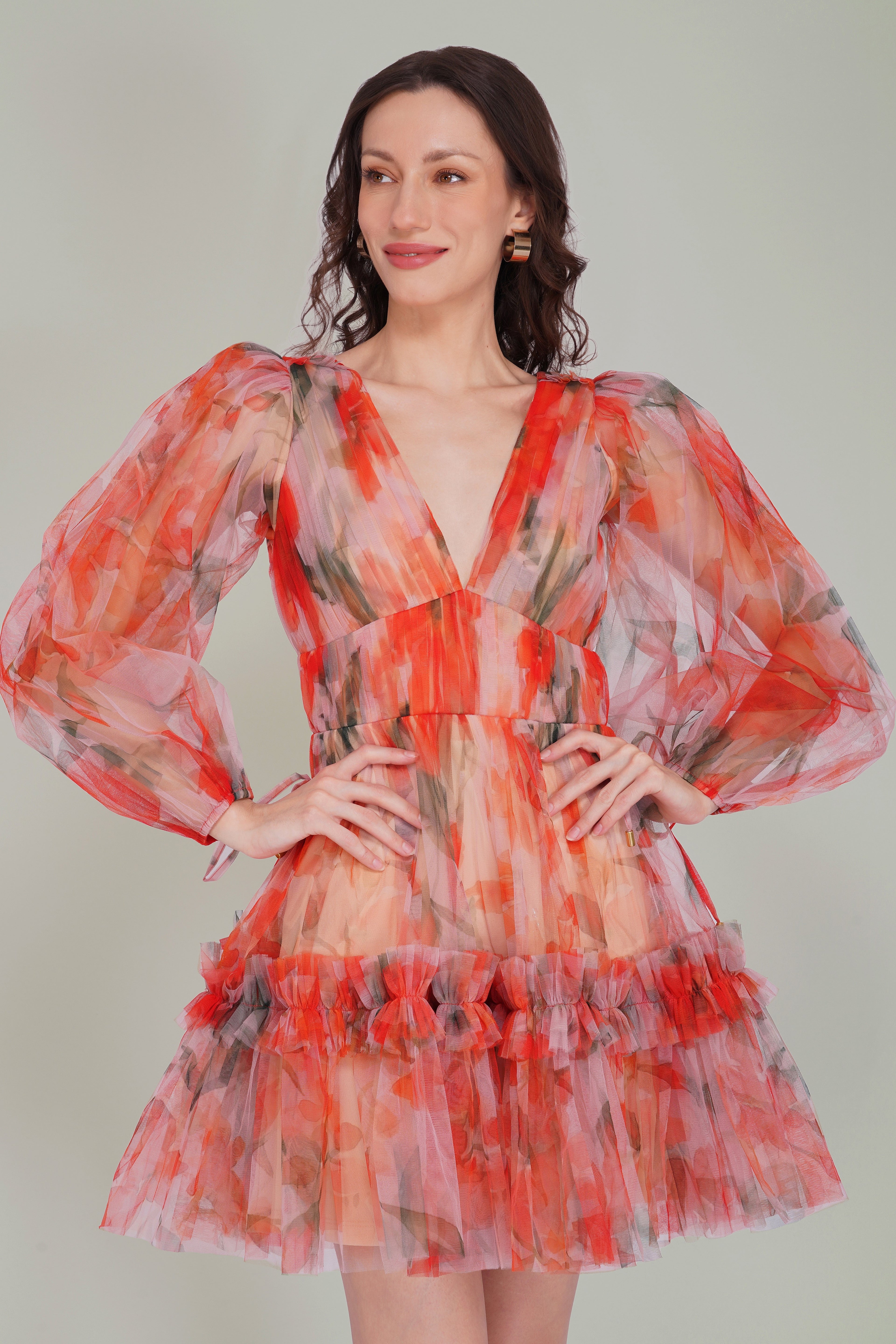 Gracelyn Tulle Mini Dress in Orange Poppy Print
