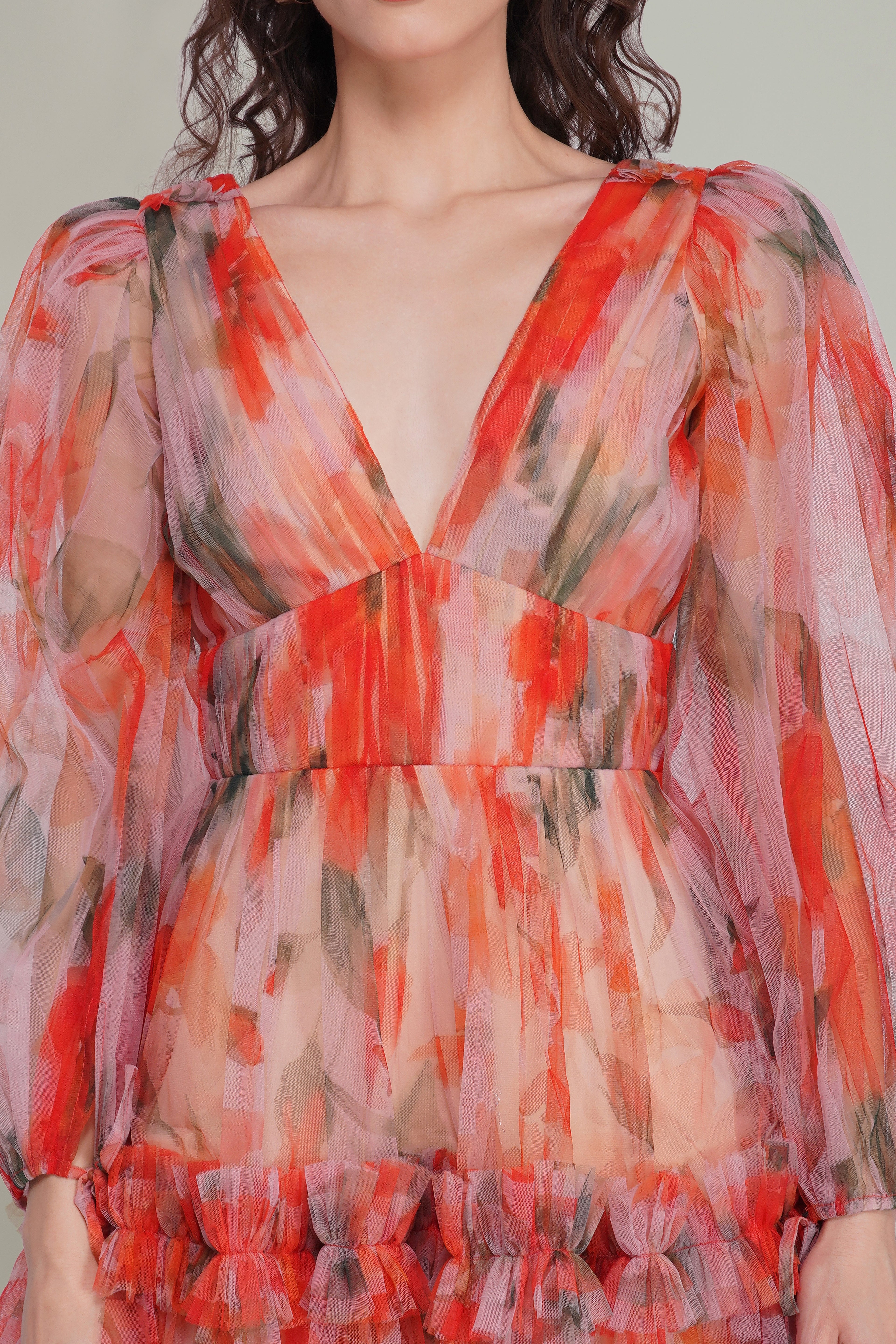 Gracelyn Tulle Mini Dress in Orange Poppy Print