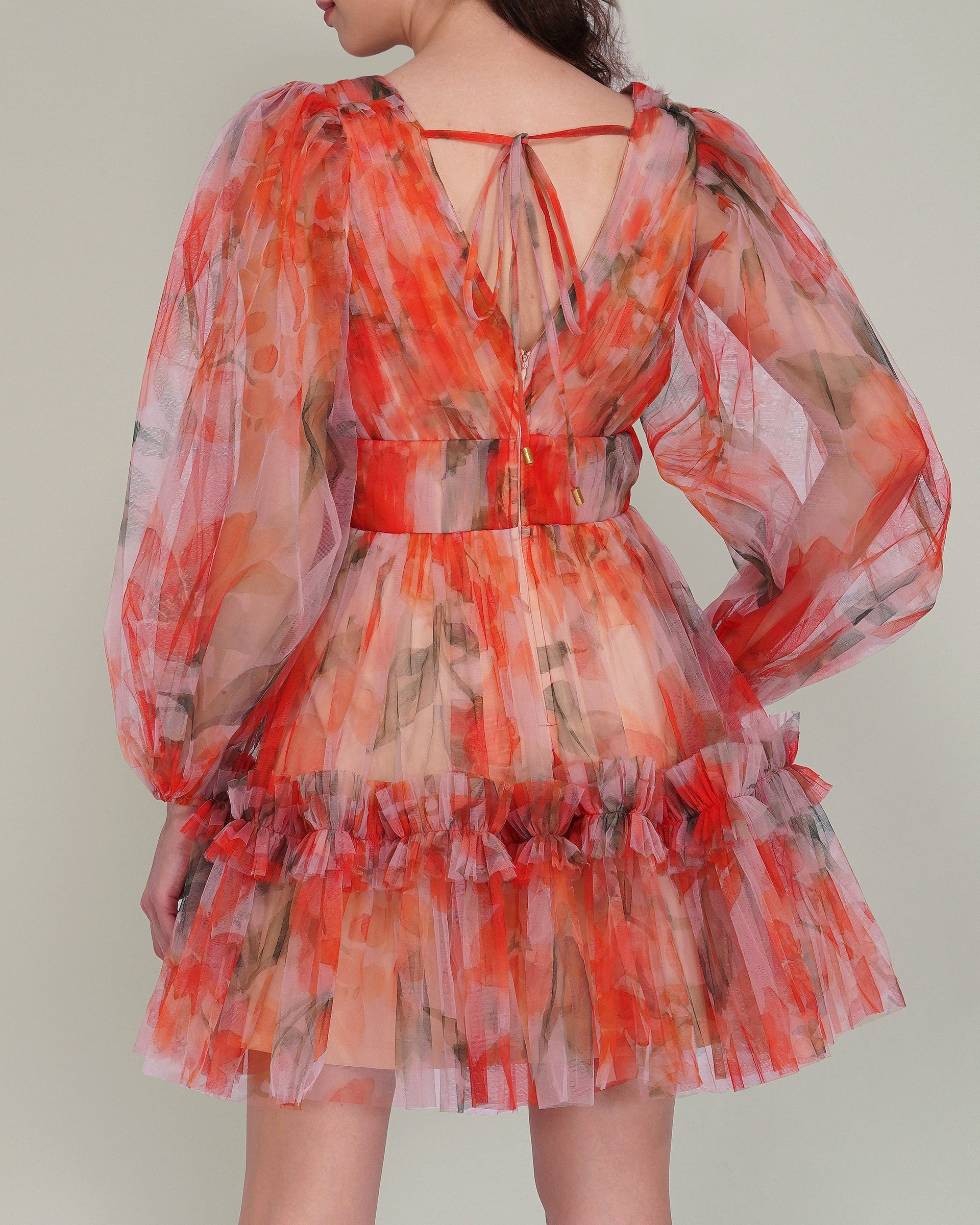 Gracelyn Tulle Mini Dress in Orange Poppy Print