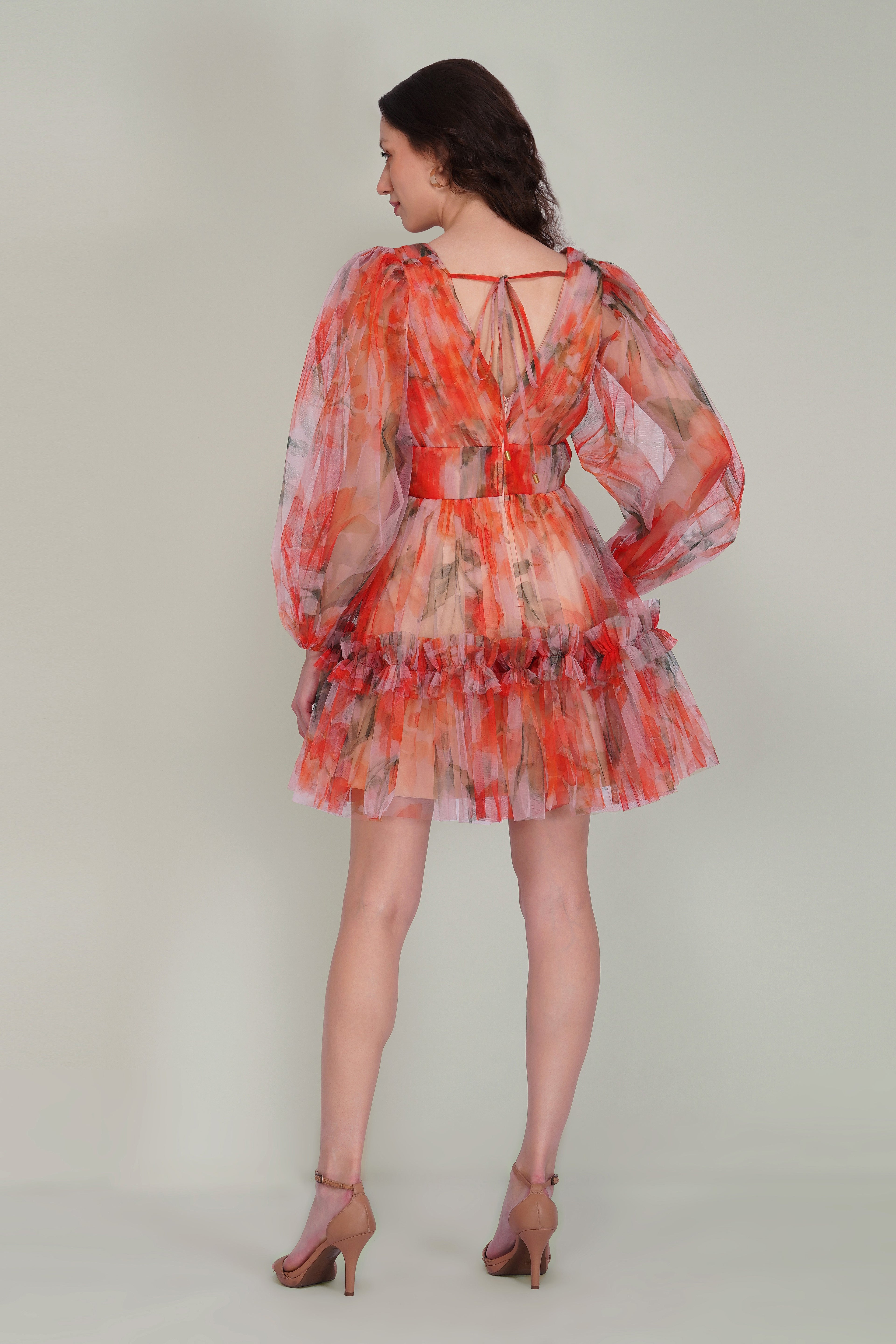 Gracelyn Tulle Mini Dress in Orange Poppy Print