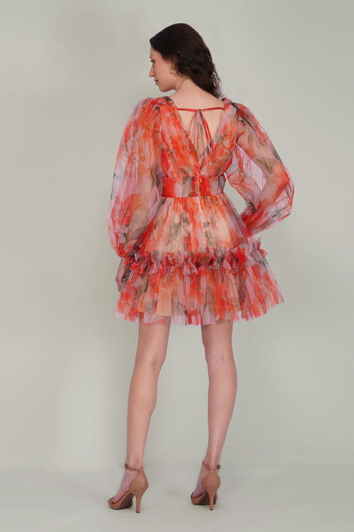 Gracelyn Tulle Mini Dress in Orange Poppy Print