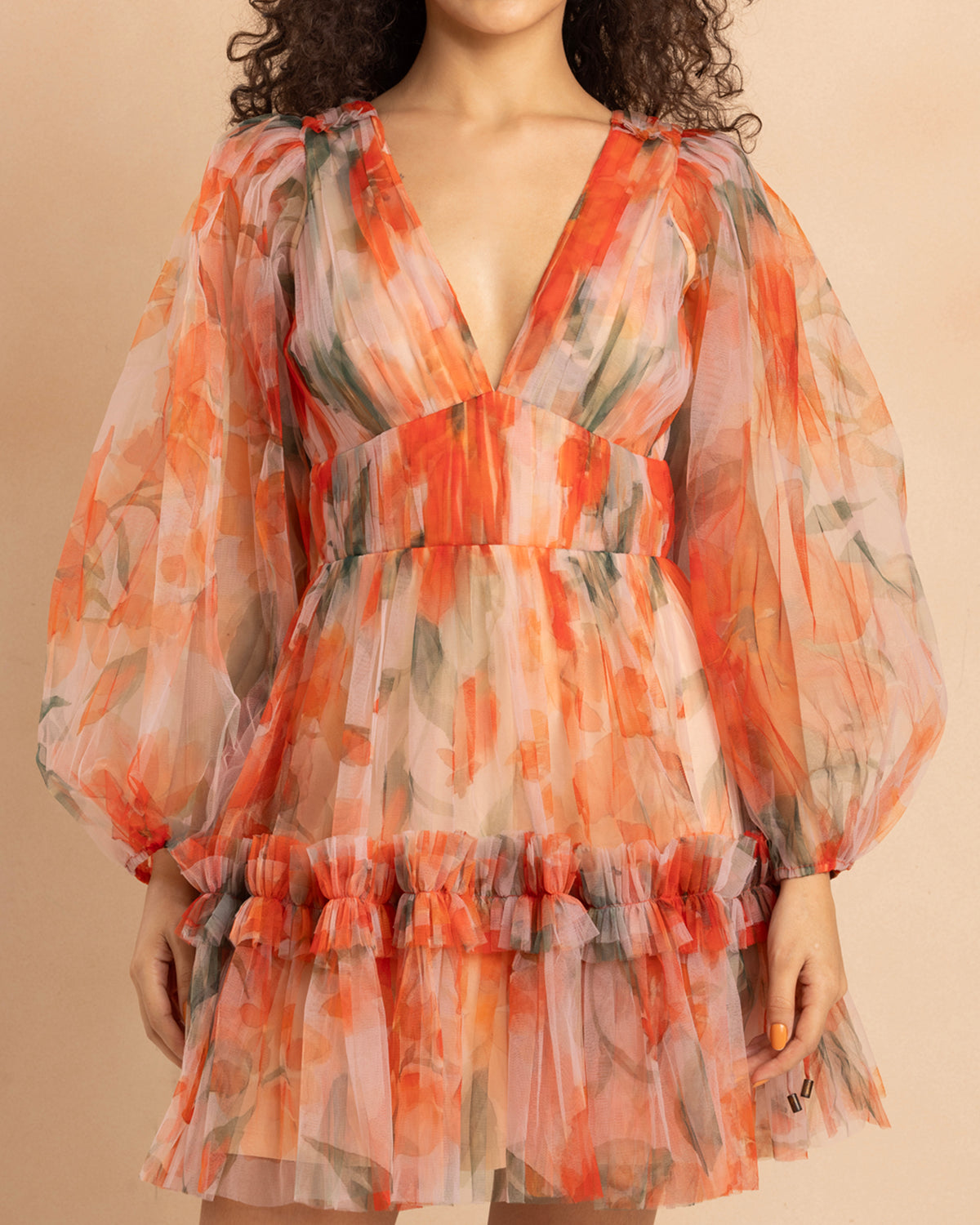 Gracelyn Tulle Mini Dress in Orange Poppy Print