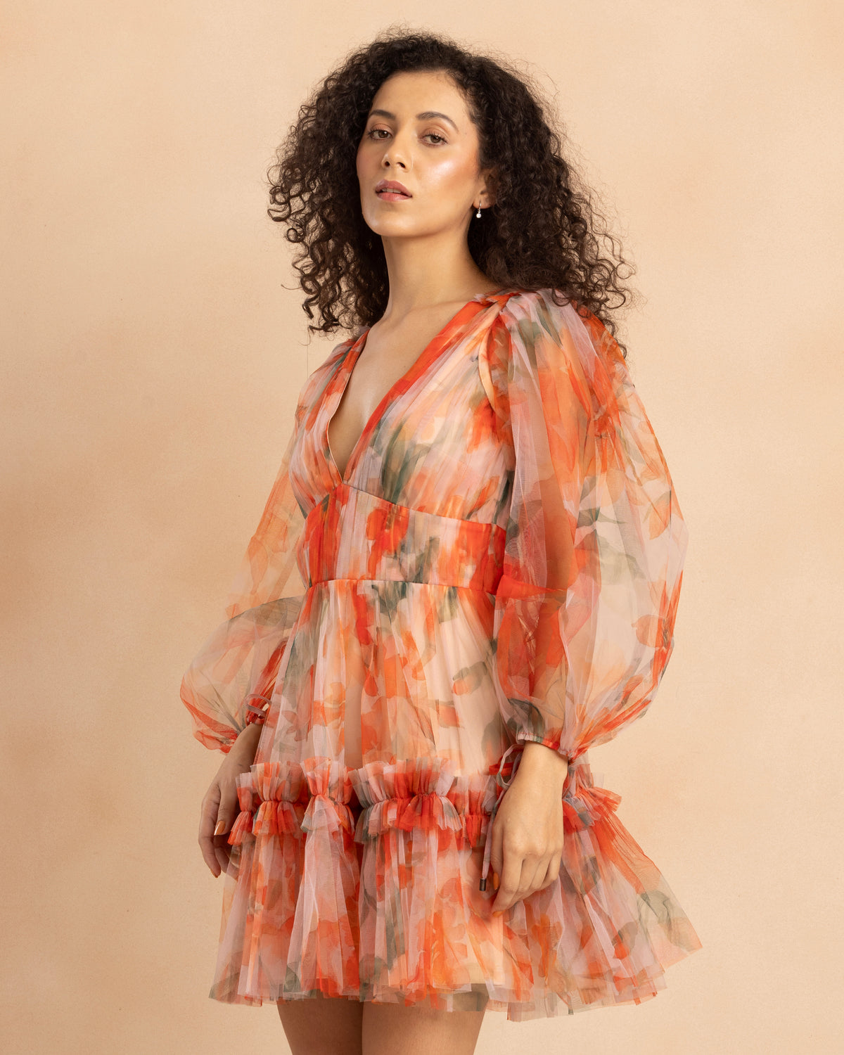 Gracelyn Tulle Mini Dress in Orange Poppy Print