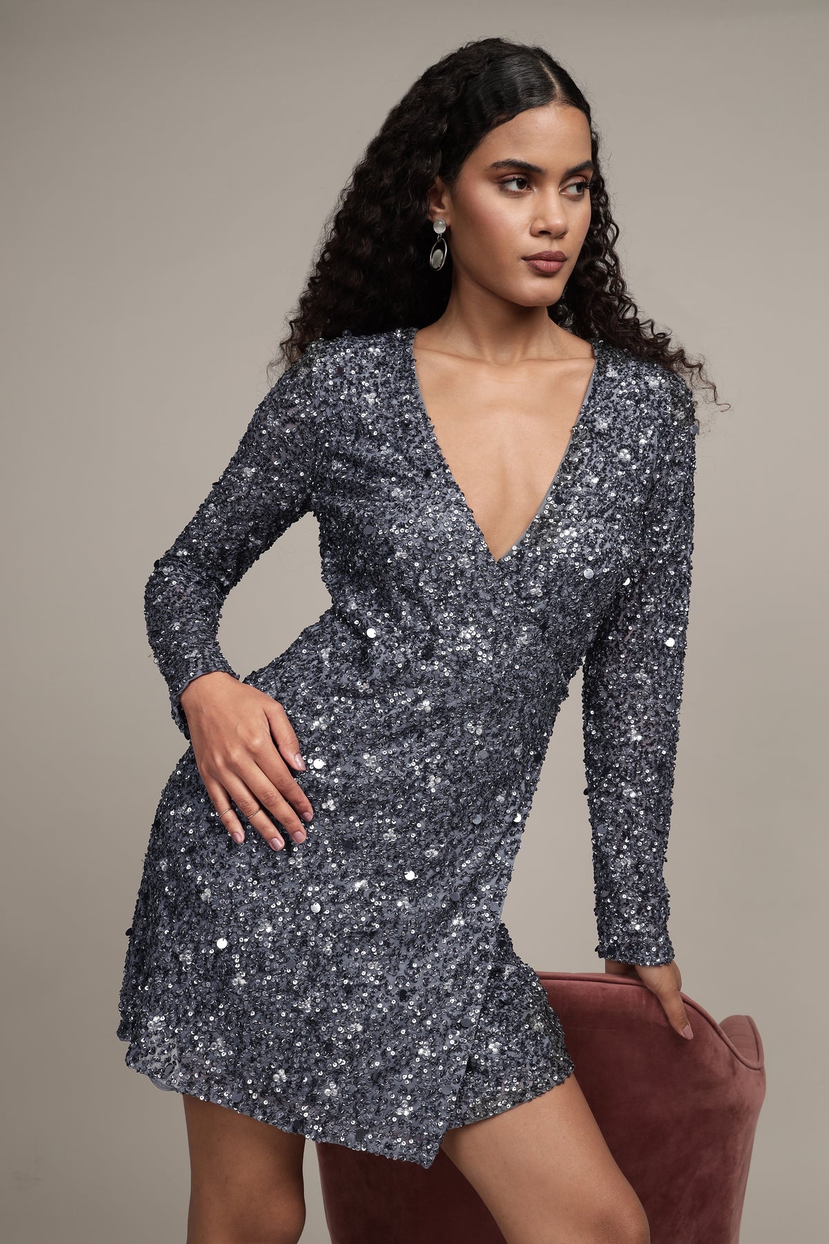 Gwen Grey Long Sleeve Embellished Mini Dress
