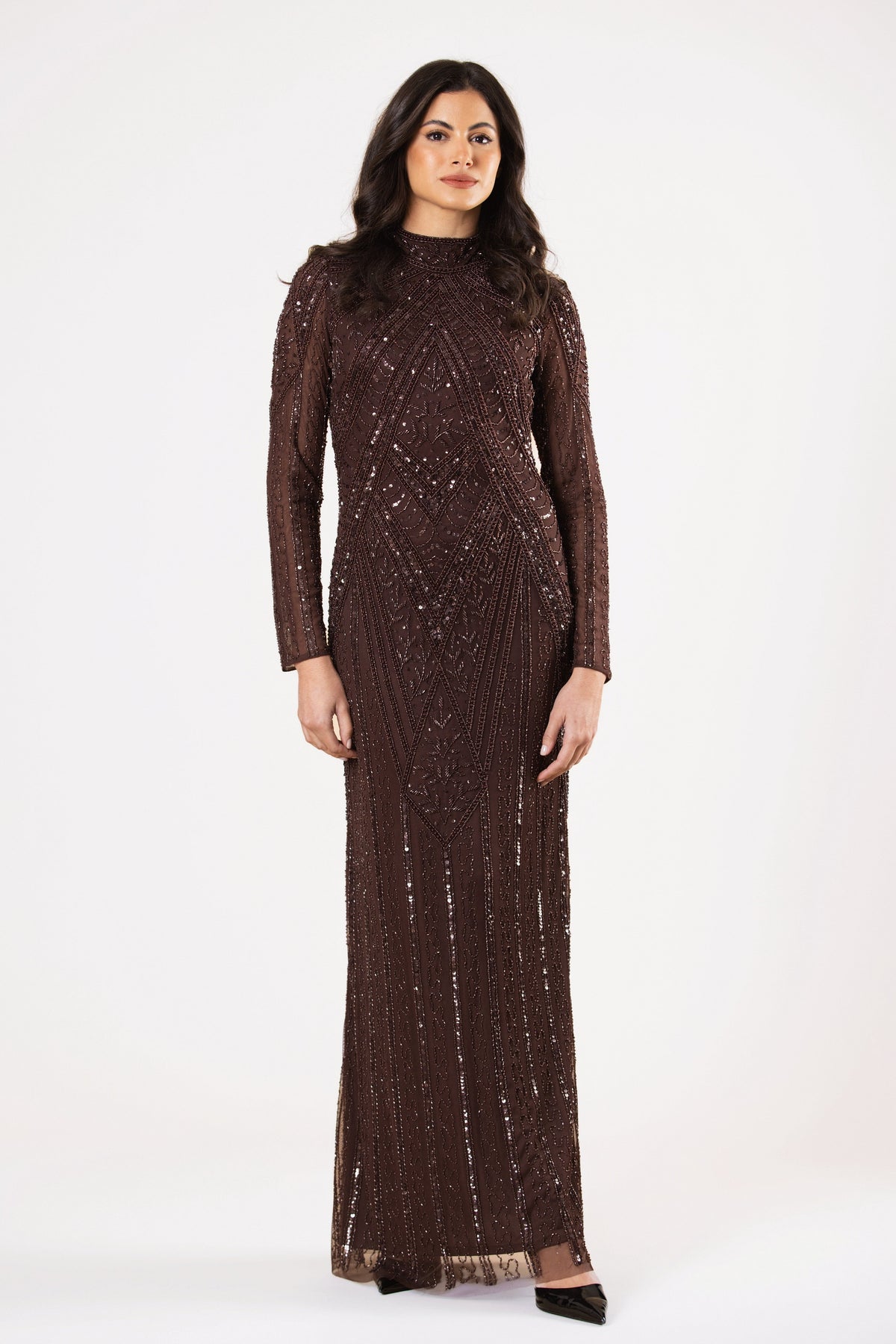 Hera Embellished Maxi Dress in Chocolate Brown