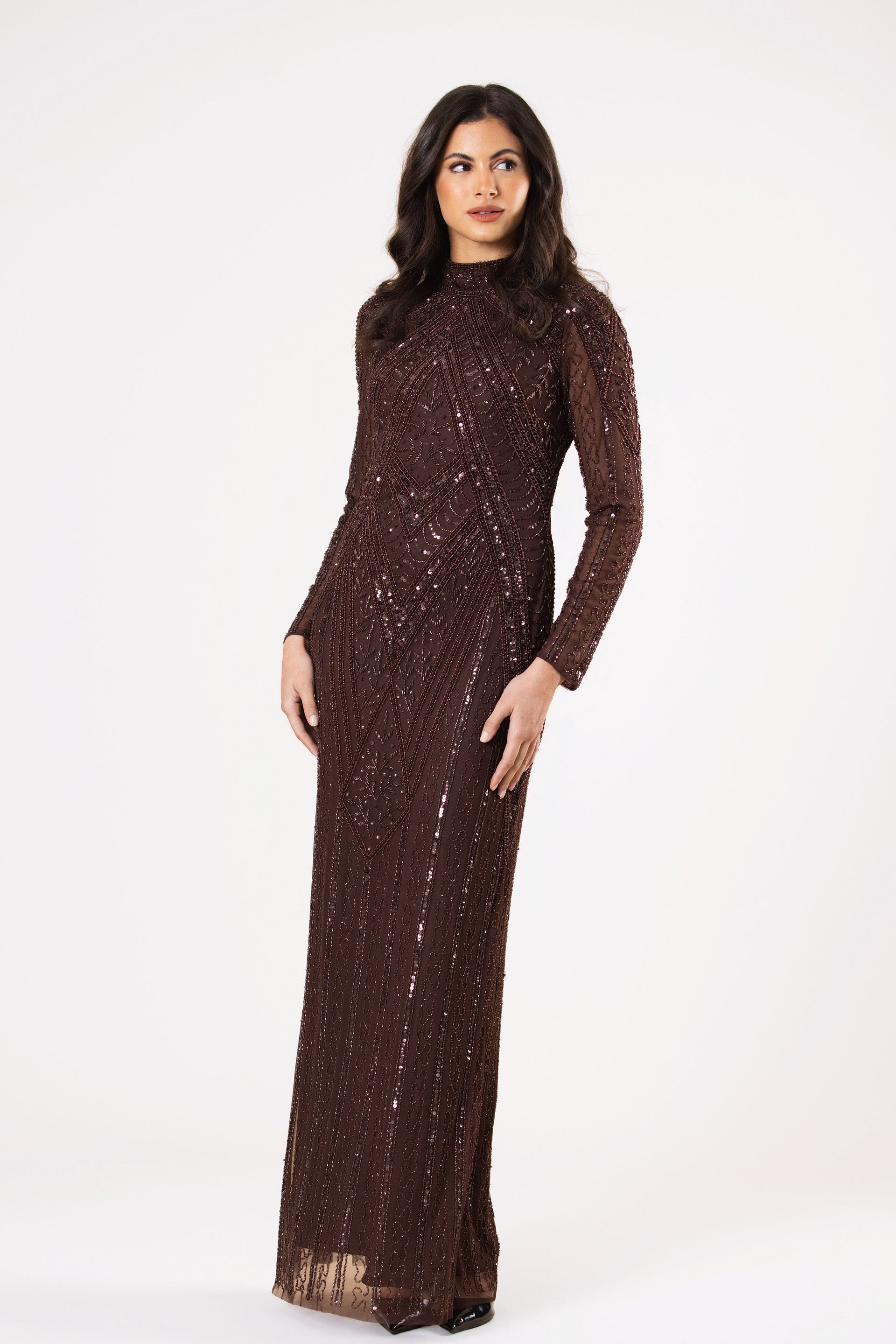 Hera Embellished Maxi Dress in Chocolate Brown