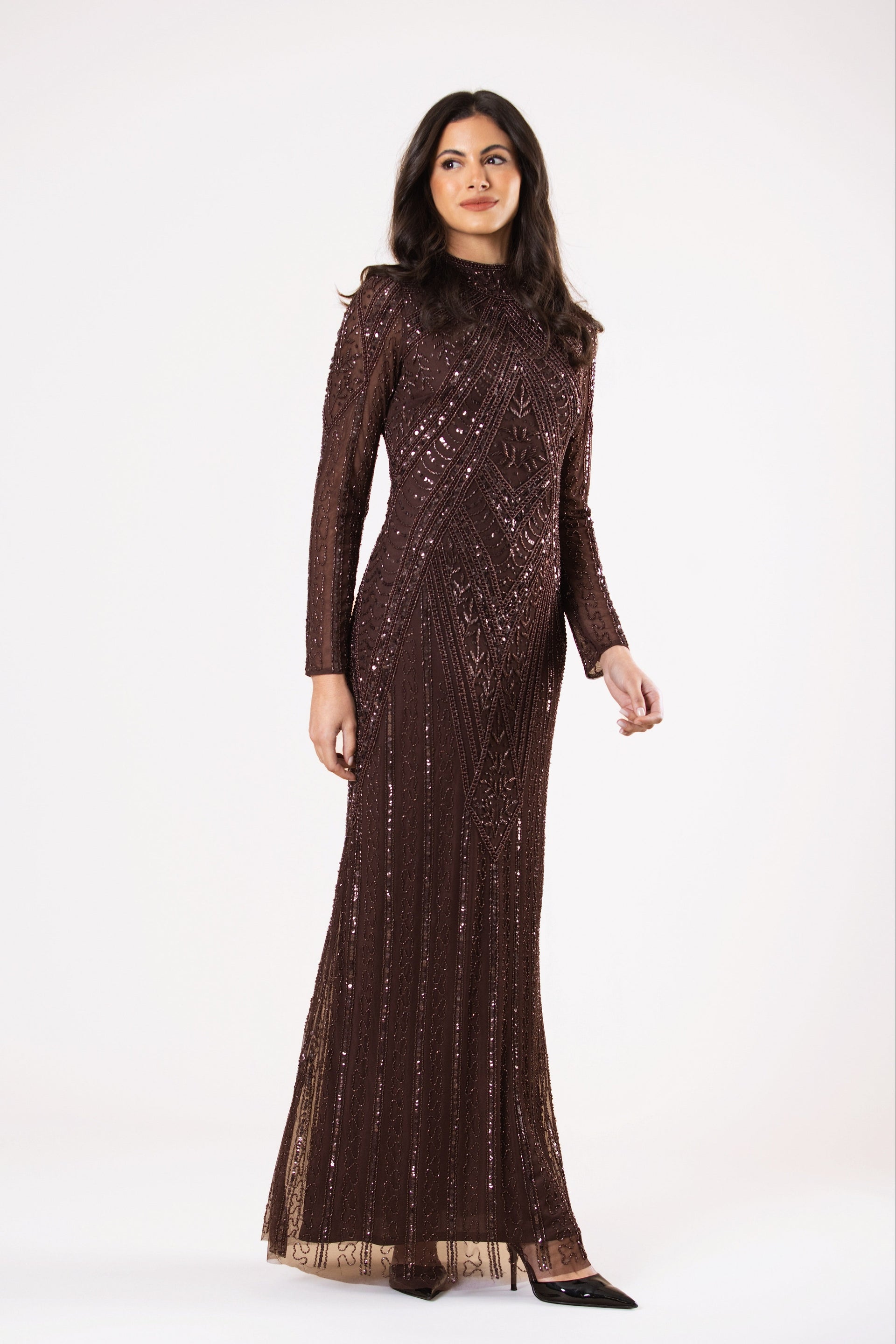 Hera Embellished Maxi Dress in Chocolate Brown