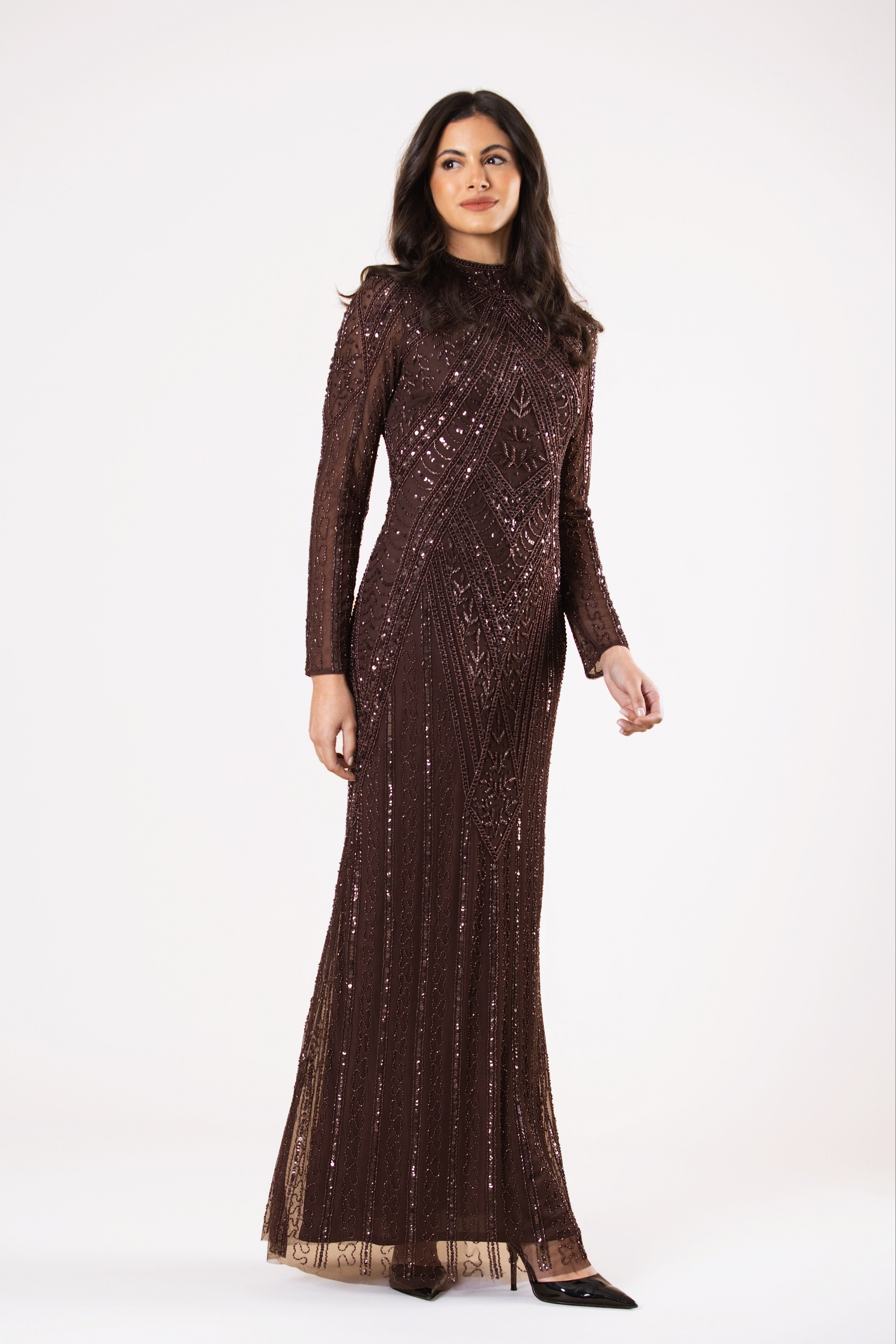 Hera Embellished Maxi Dress in Chocolate Brown