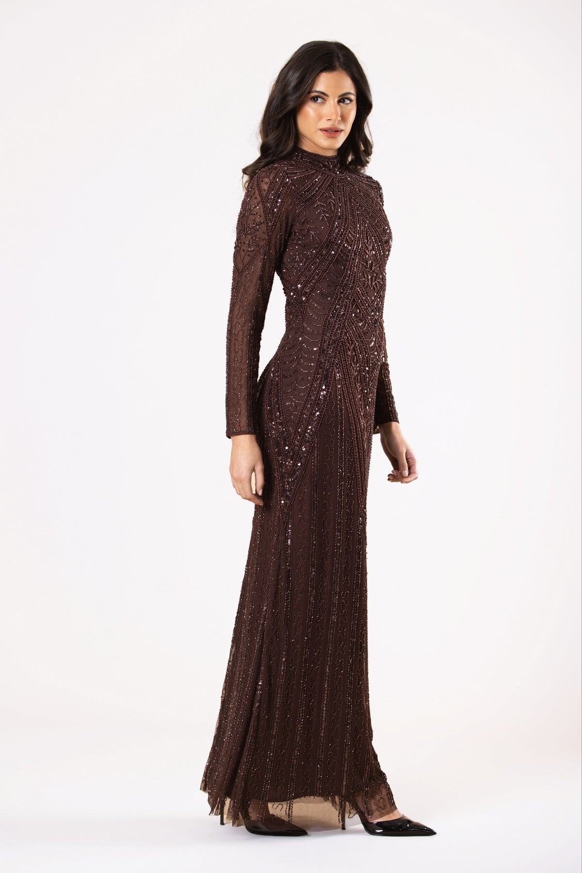 Hera Embellished Maxi Dress in Chocolate Brown
