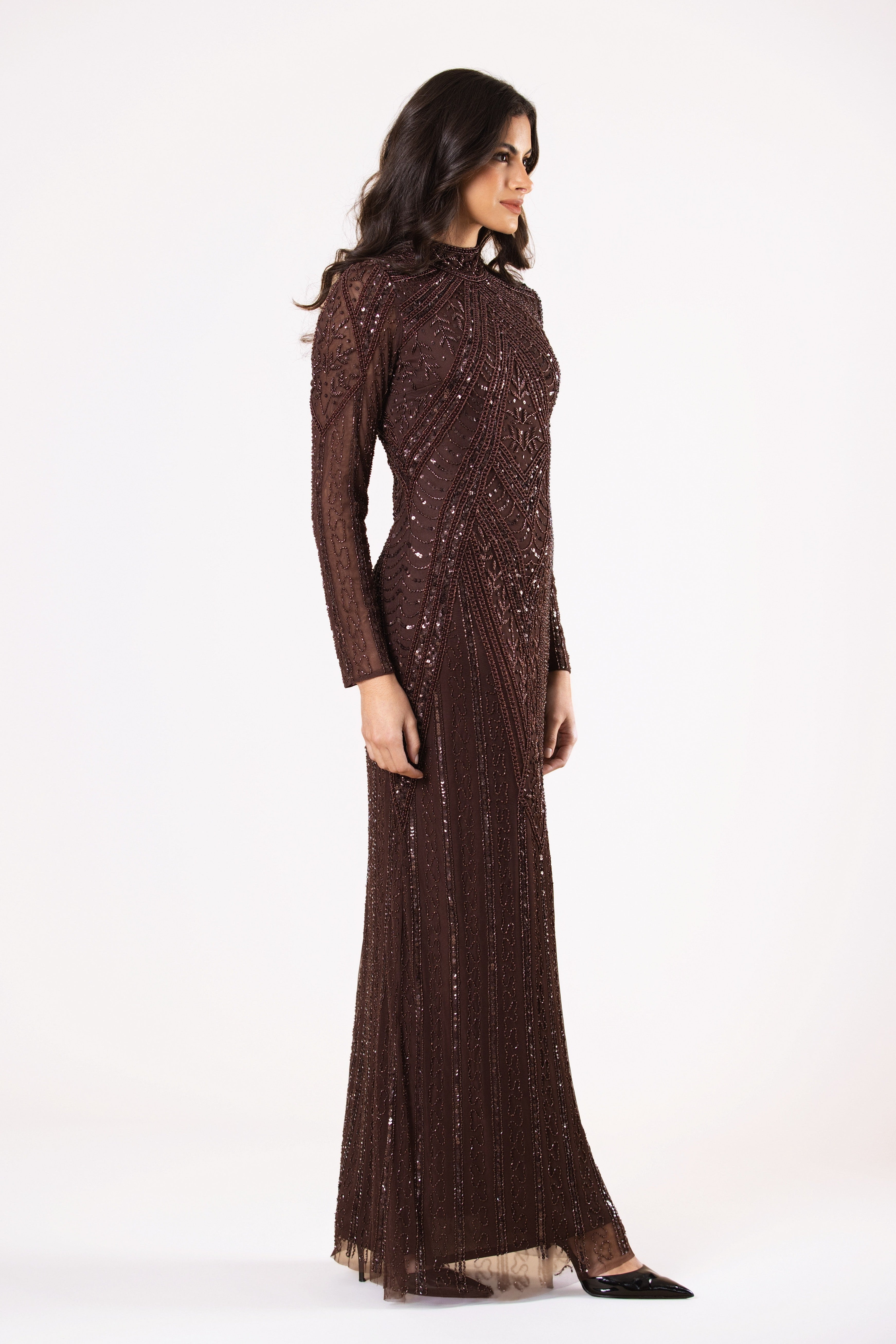 Hera Embellished Maxi Dress in Chocolate Brown