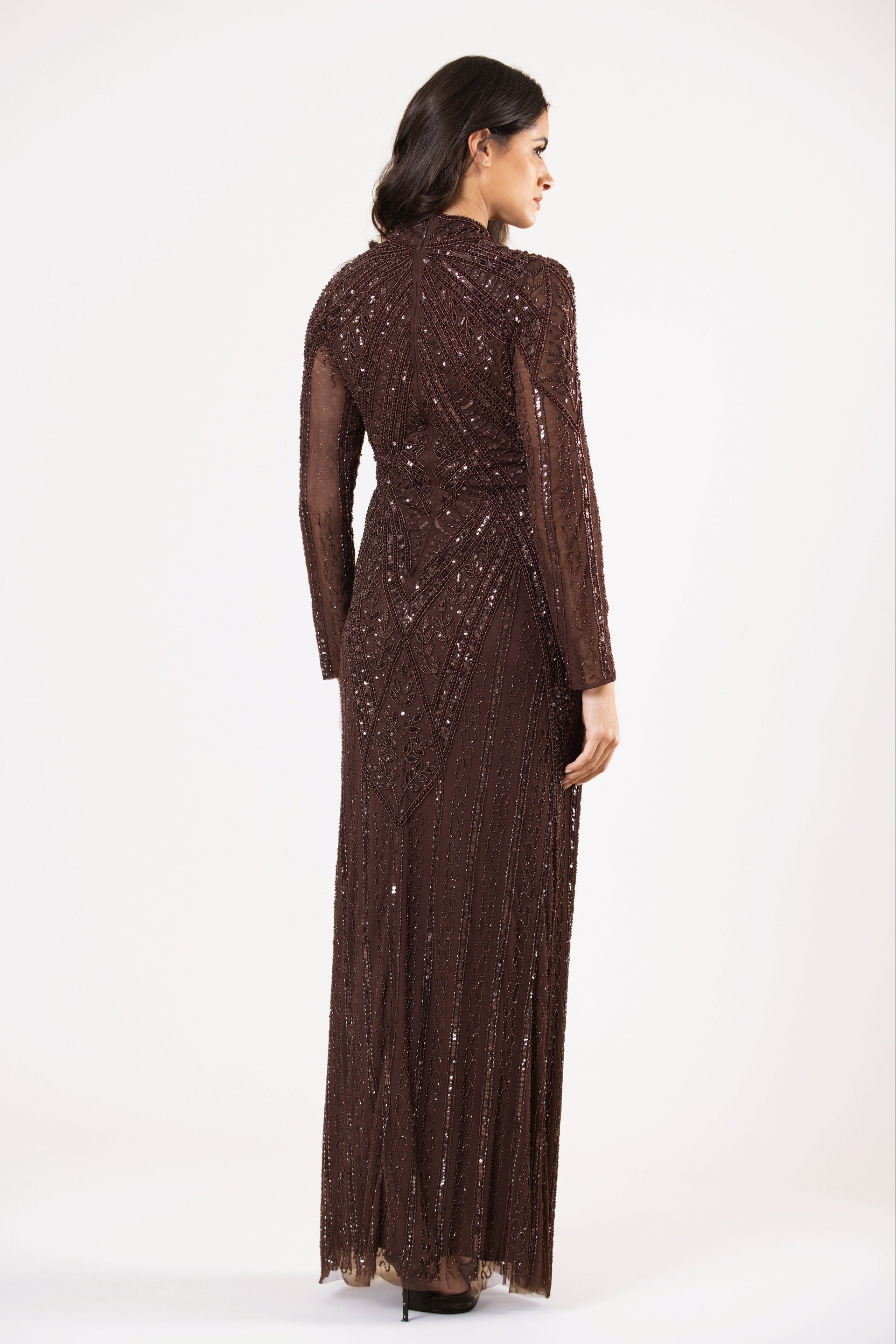 Hera Embellished Maxi Dress in Chocolate Brown