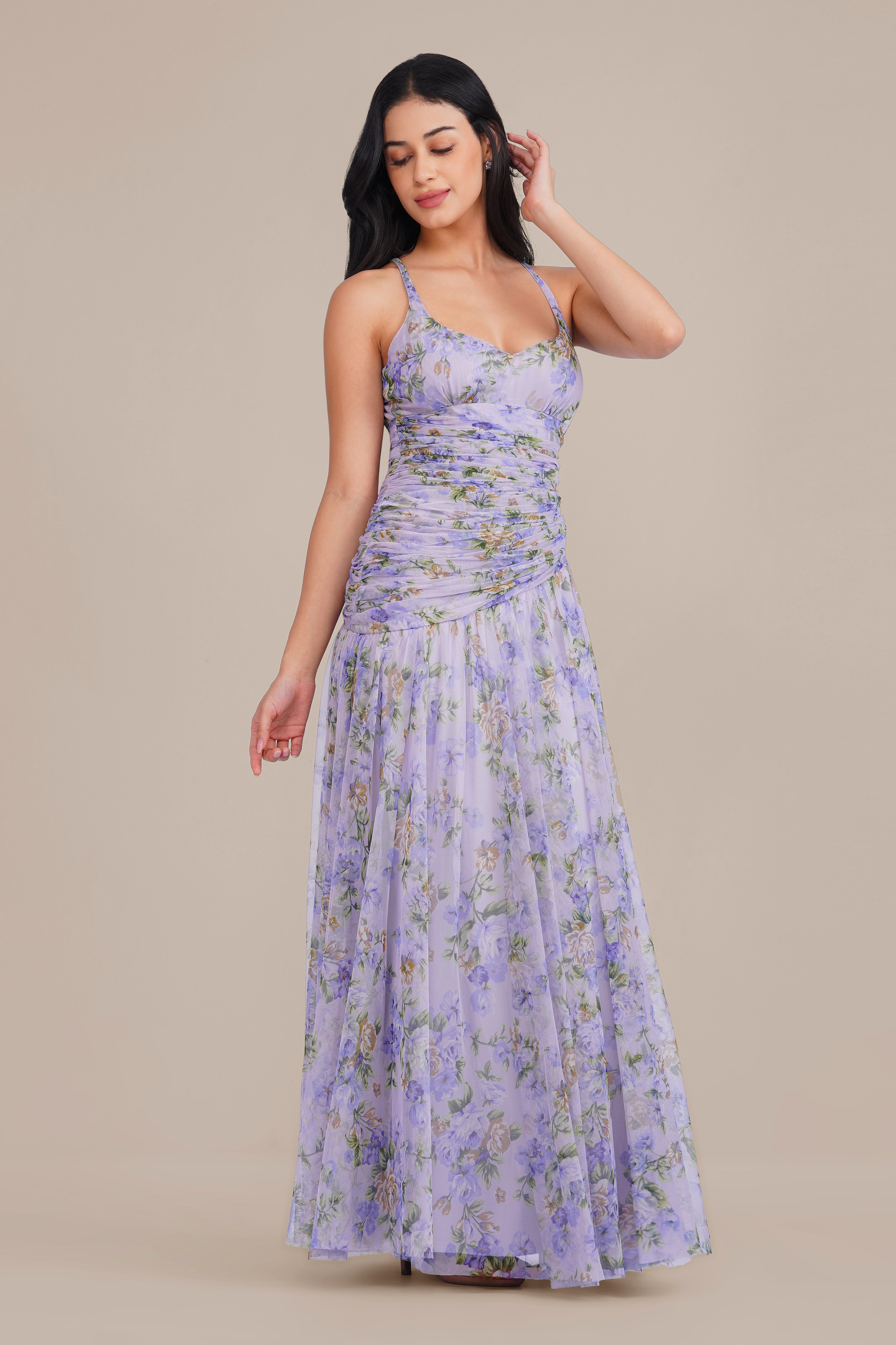 Hosanna Tulle Maxi Dress in Lilac Print